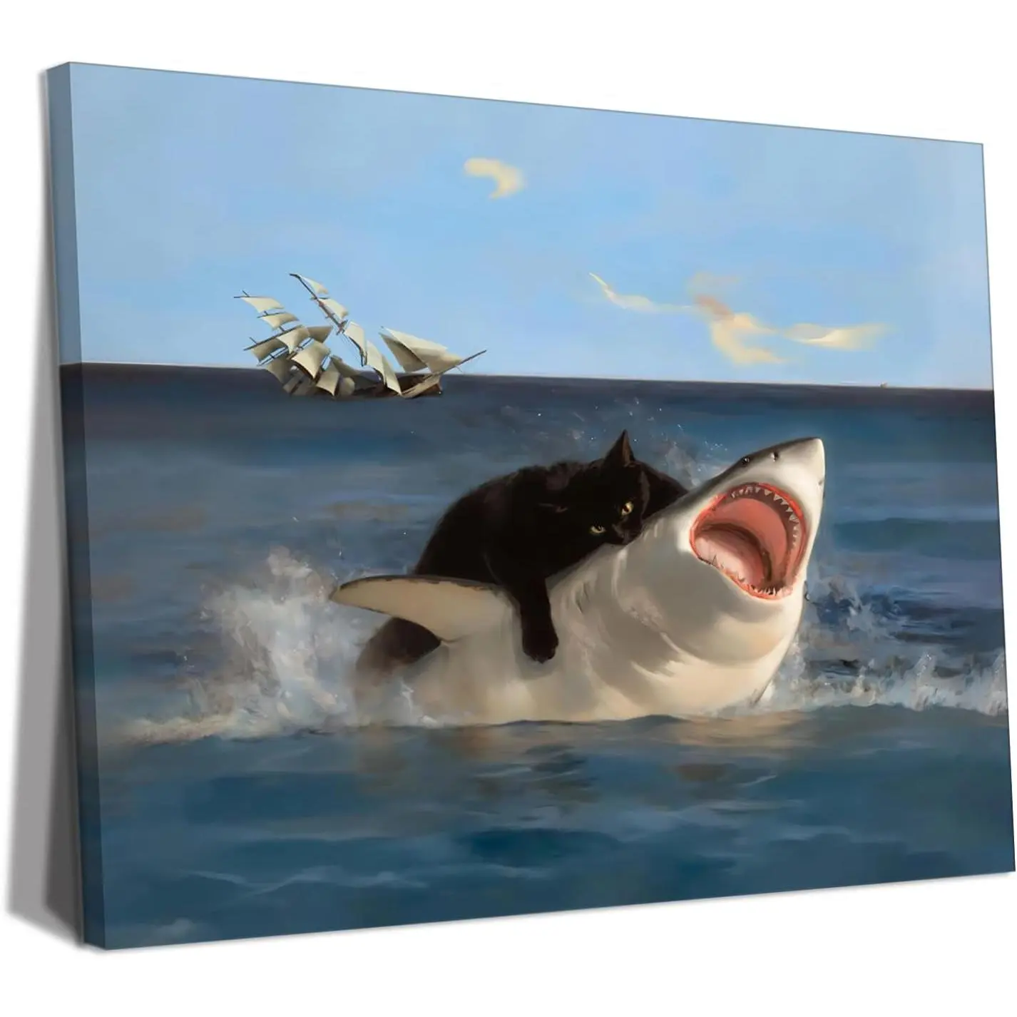 Framed Black Cat Bathroom Wall Art, Funny Quirky Cat and Shark Pictures Canvas Print, Abstract Black Cat Shark Posters Wall Decor for Room Bedroom Living Room Bathroom 12x16 in