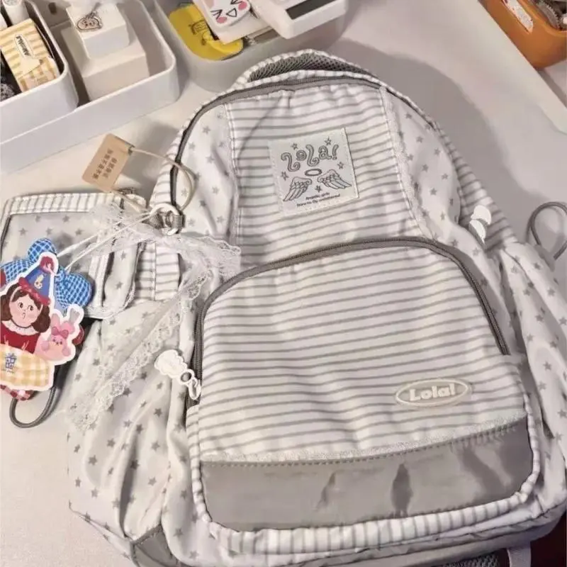 Women's Harajuku Cute Japanese Minimalist Backpack - Stripe Star Print, High Capacity, Modern Multifunctional Versatile Functional Bag for Students
