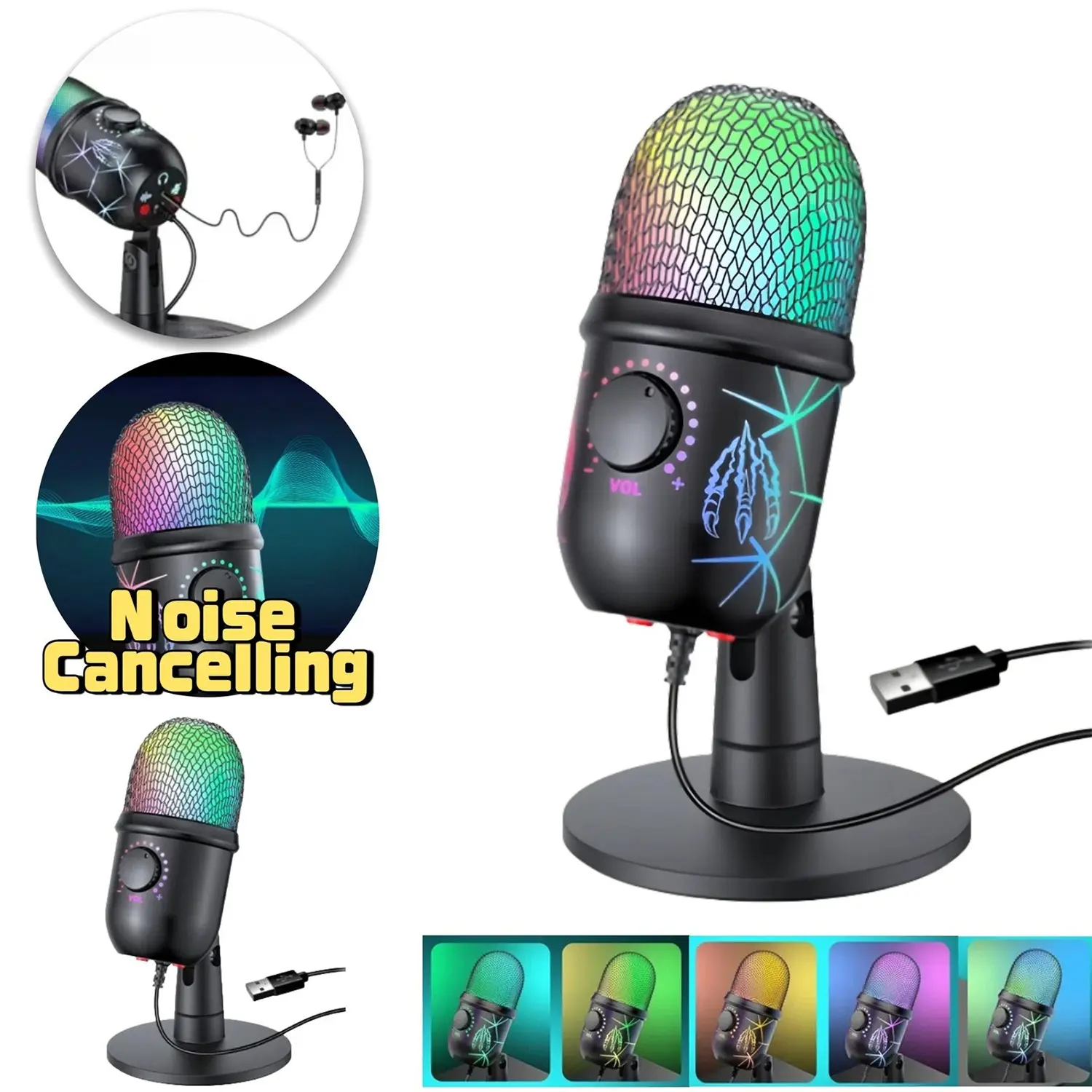 Game Microphone, USB Condenser Podcast Mic for PC, Studio Recording, Headphone Jack, LED Indicator, Noise Reduction Feature