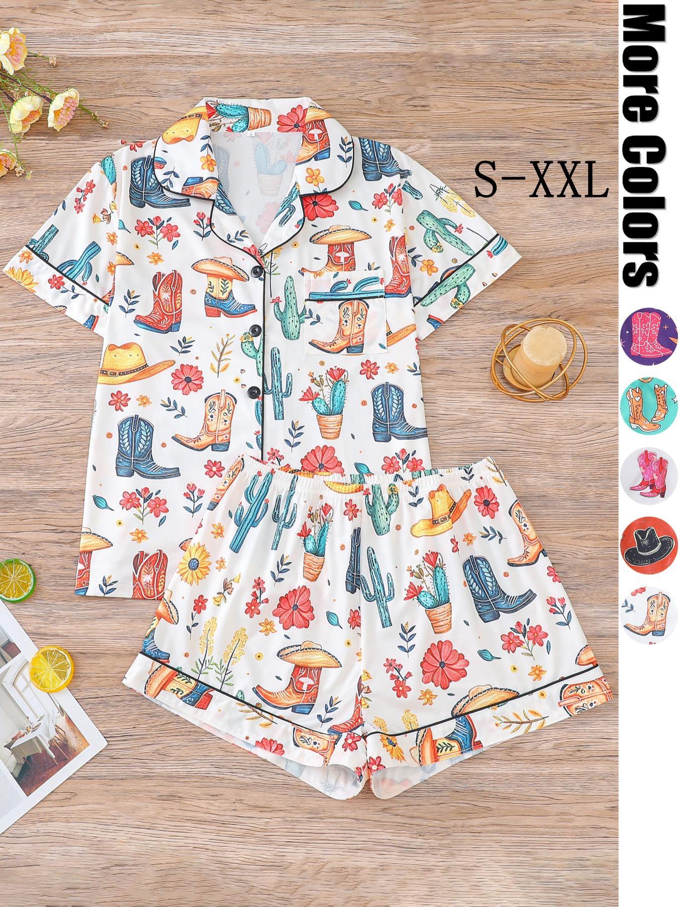 Women's All Over Cowboy Print Lapel Neck Button Front Pajama, Casual Comfy Short Sleeve Pocket Top & Elastic Waist Shorts PJ Set, Ladies Sleepwear Loungewear for All Seasons