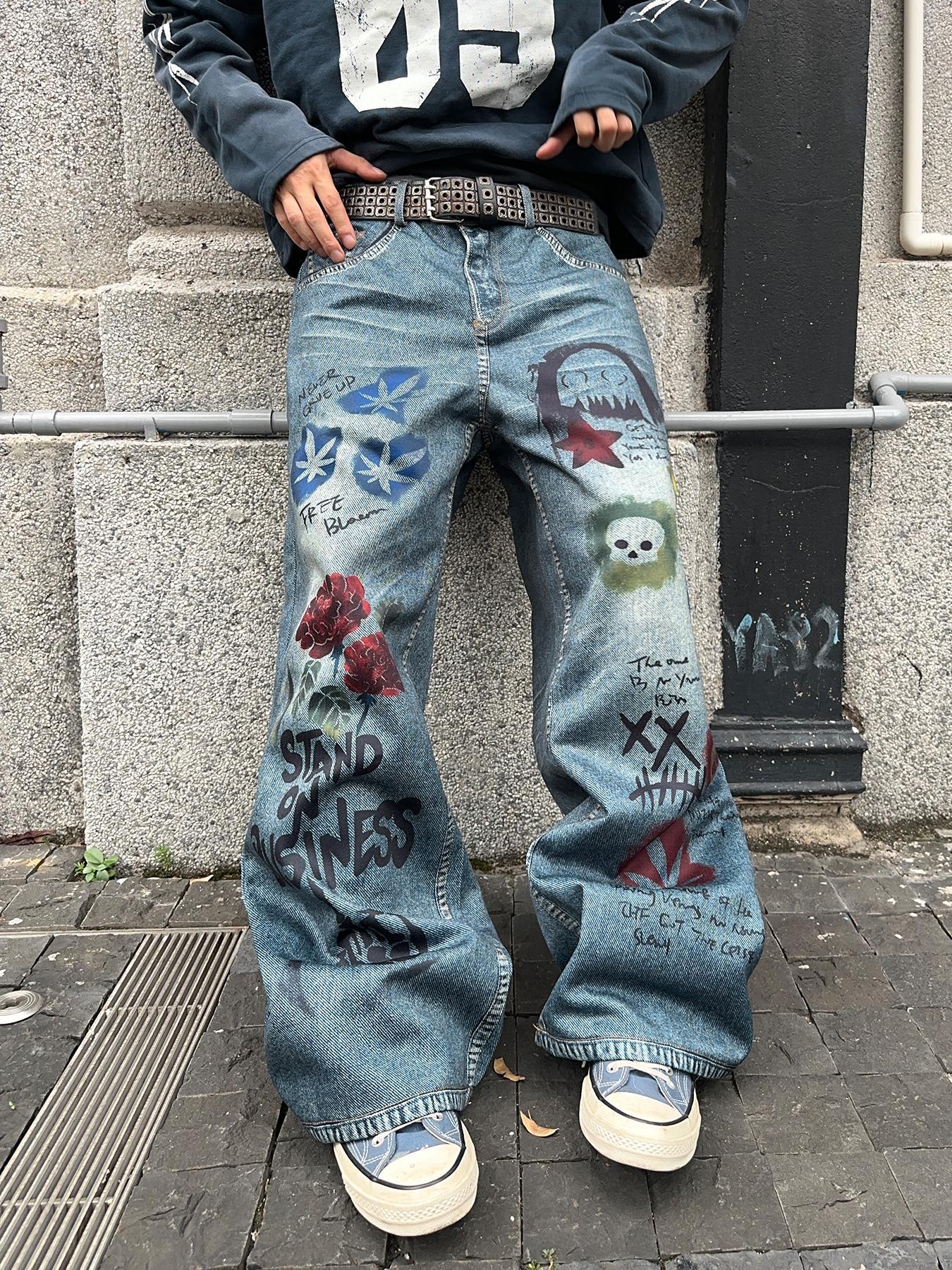 Men's Star Patched Denim Effect Print Pocket Wide Leg Pants, Loose Street Fashion Casual Pants for Daily Wear, Men's Bottoms for All Seasons, Casual Comfy Pants, Star Print Pants, Ripped Streetwear
