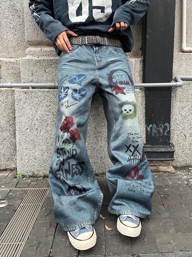 Men's Star Patched Denim Effect Print Pocket Wide Leg Pants, Loose Street Fashion Casual Pants for Daily Wear, Men's Bottoms for All Seasons, Casual Comfy Pants, Star Print Pants, Ripped Streetwear