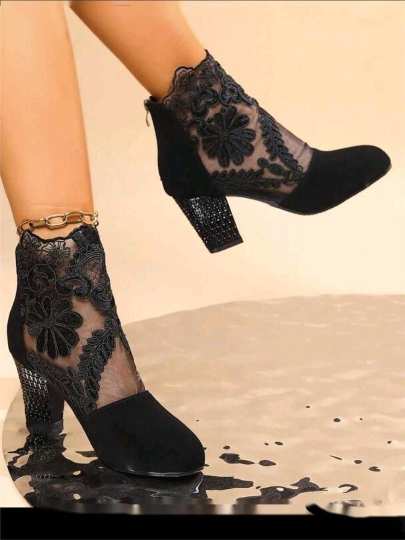 YYW1 Women's Fashion Flower Embroidered Design Contrast Lace Ankle Boots, 1 Pair Elegant Pointy Toe Heeled Boots Daily Wear, All-match Boots Women & Girls, heels, Pointy Toe Boots, Embroidery Ankle Boot