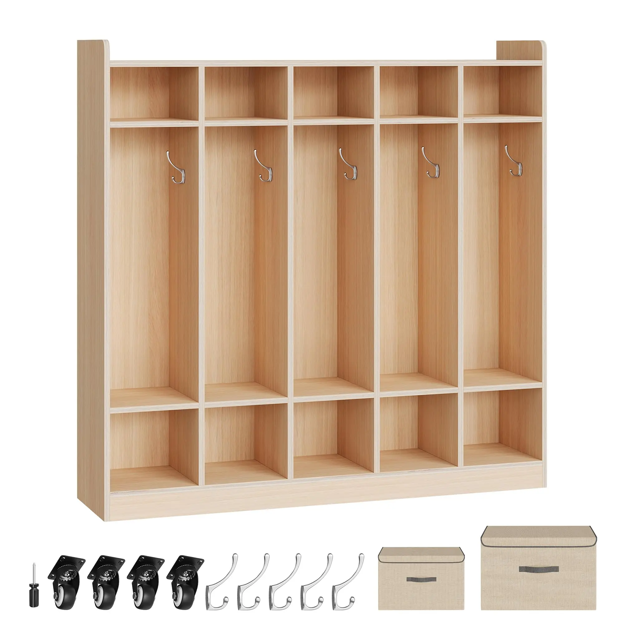 Garvee 5-Section Wooden Coat Locker with 5 Hooks, 2 Storage Bins & 4 Casters – 48" Tall Cubby Organizer with Anti-Tip Kit for Home & Study Area – Natural Wood Finish