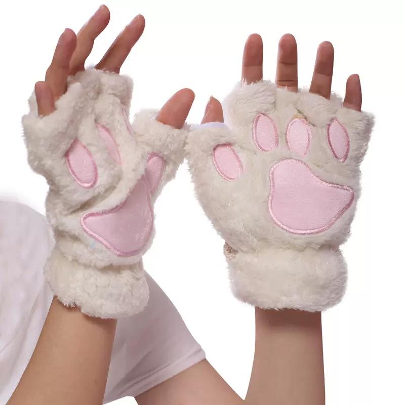 Cartoon Cute Cat Claw Paw Gloves Women Plush Mittens Warm Soft Plush Short Fingerless Fluffy Bear Cat Gloves Costume Half Finger