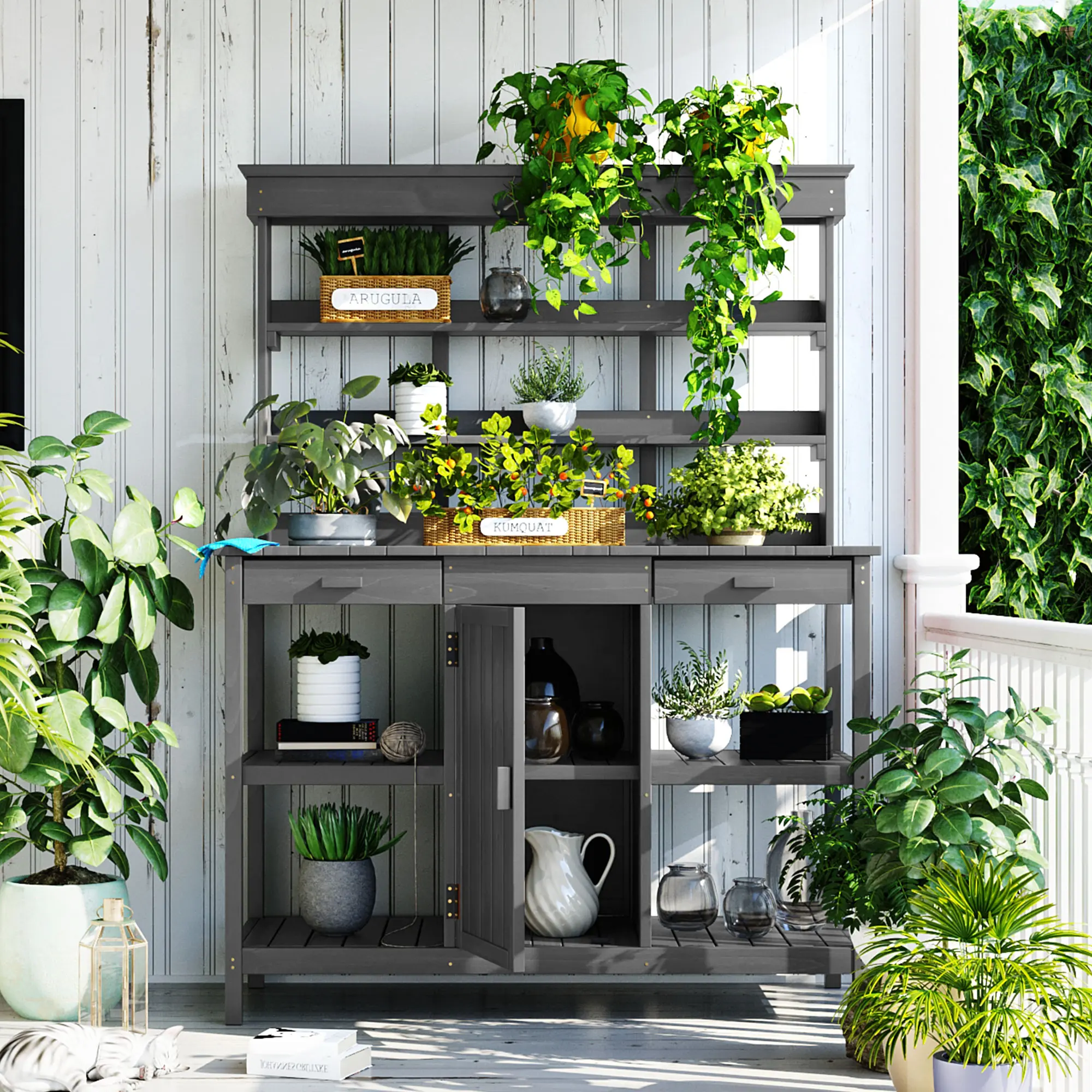 ARCH 66'' Large Outdoor Wooden Potting Bench Table Garden Workstation with 2 Drawers Cabinet and Open Shelves for Backyard Mudroom Patio Gray Solid Fir Wood, Gray Color Options, Solid Wood Material, Casual Style, Product Dimensions: Not Applicable,sohochi