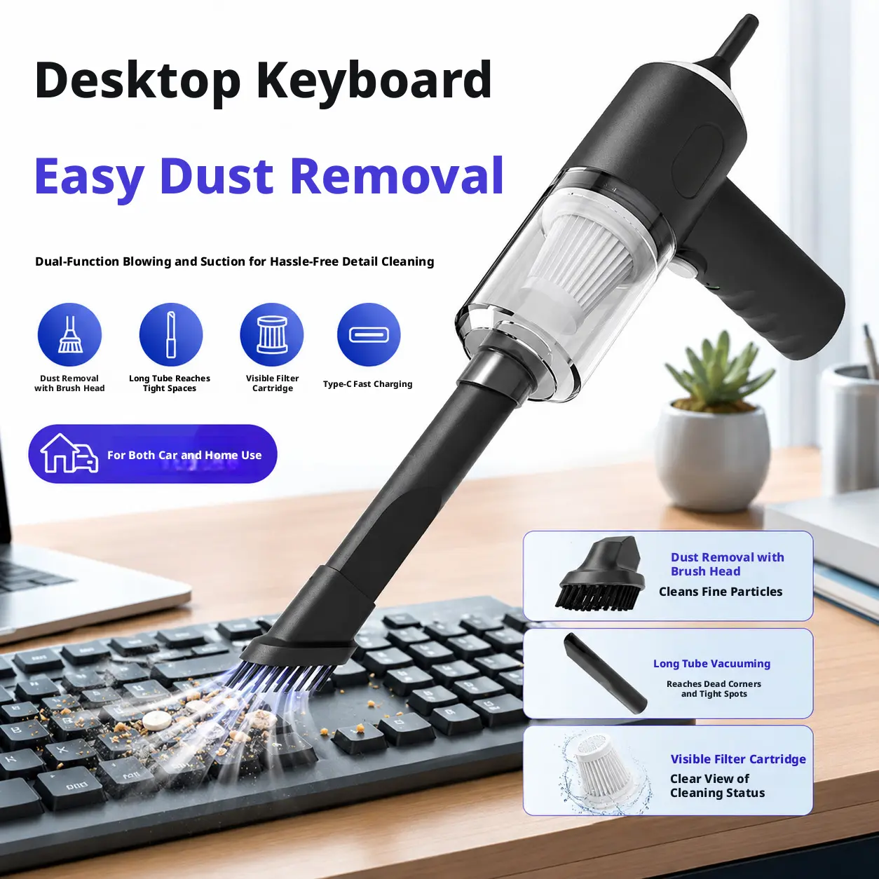 Powerful car vacuum cleaner for home and car use, rechargeable, small, portable, wireless, multifunctional, exclusively for use