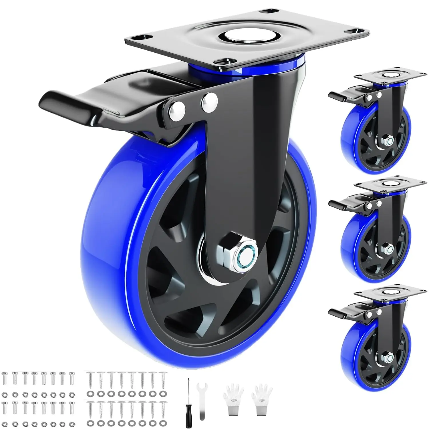 6inch Swivel casters, 4-piece heavy-duty caster set, with brakes, noiseless locking casters, equipped with polyurethane wheels, suitable for trolleys, furniture, workbenches, cabinets (includes two sets of hardware accessories)