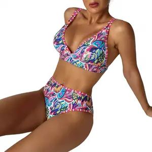 Vibrant Paisley Print High Waisted Bikini Set Women Double Strap Triangle Top 2 Piece Bathing Suit Summer Beach Swimwear