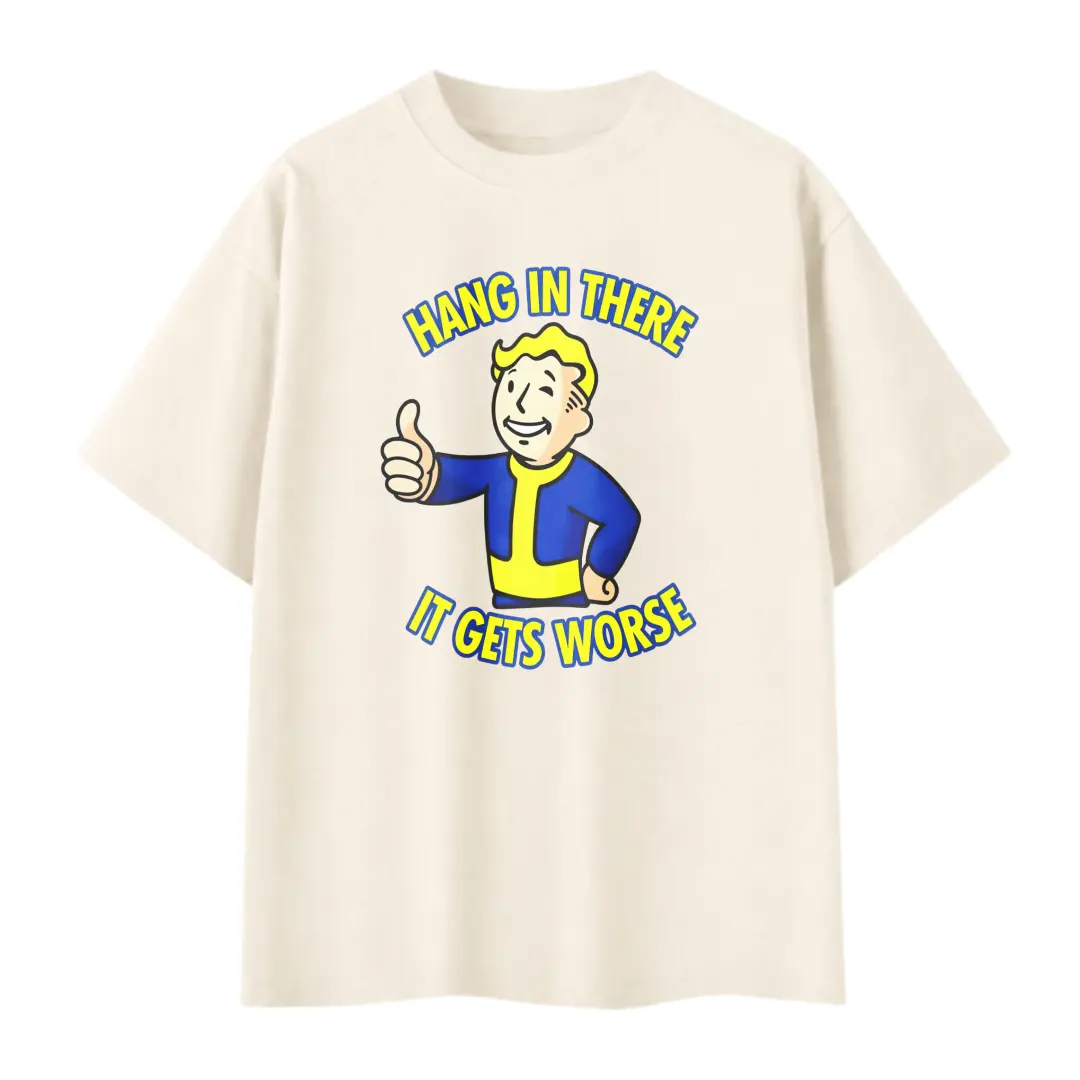 Casual Vintage Style, Men's T-Shirt, Fallout Vault Boy Hang In There It Gets Worse Graphic Tee, Summer Daily Wear, Gift For Gamers And Friends,100% Cotton Unisex Oversized  Tshirt (S-3XL)