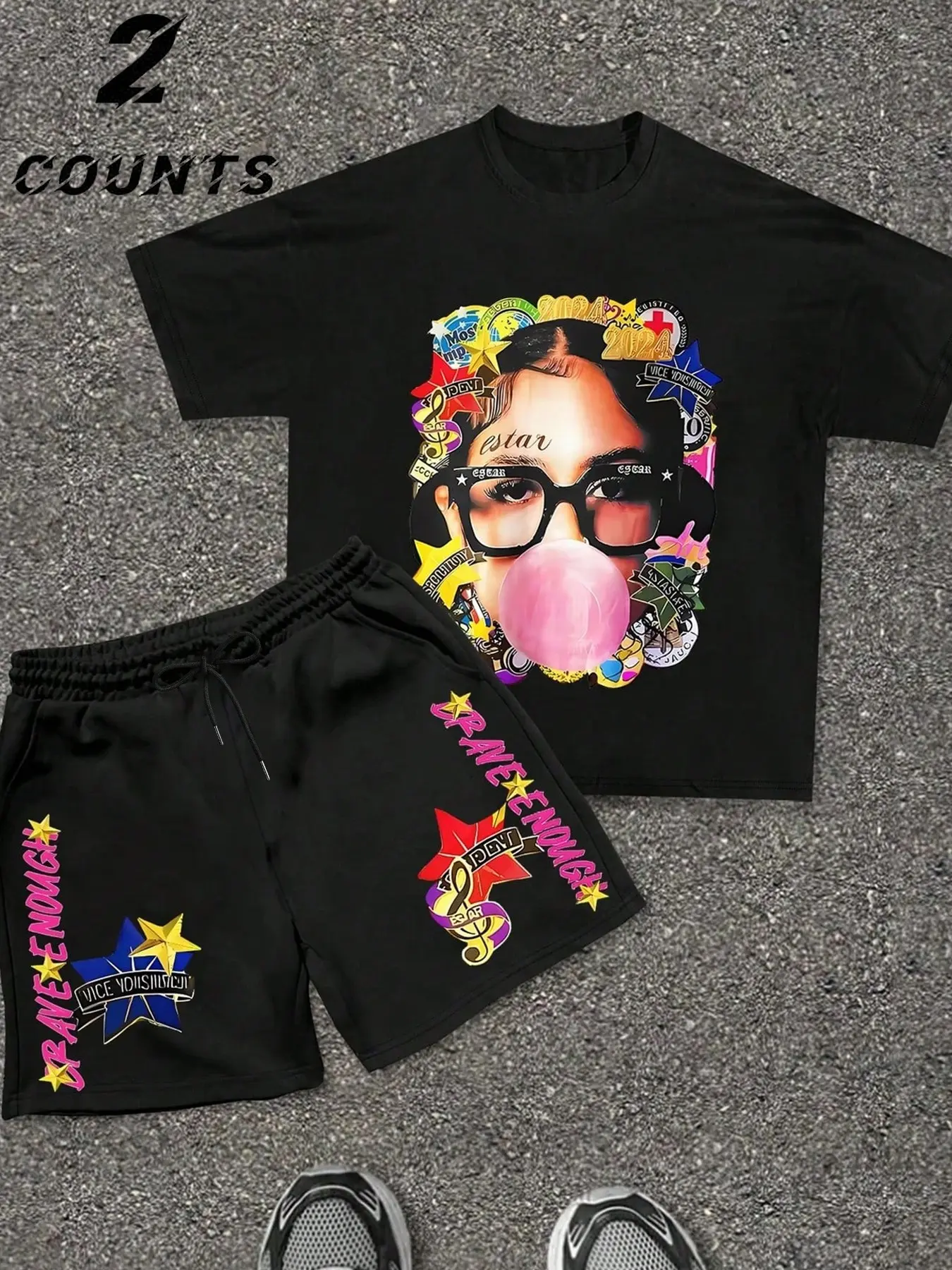 Retro Hip Hop Bubblegum Girl Graphic Tee Shorts Set Men Y2K Star Print 2 Piece Outfit Casual Streetwear Tracksuit