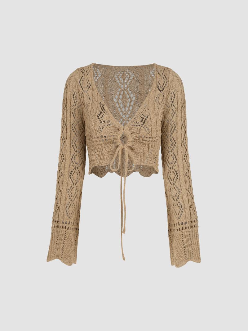 Cider [4 colors, size 2-26] Solid Crochet Tie Front Deep V Neck Crop Top Curve & Plus