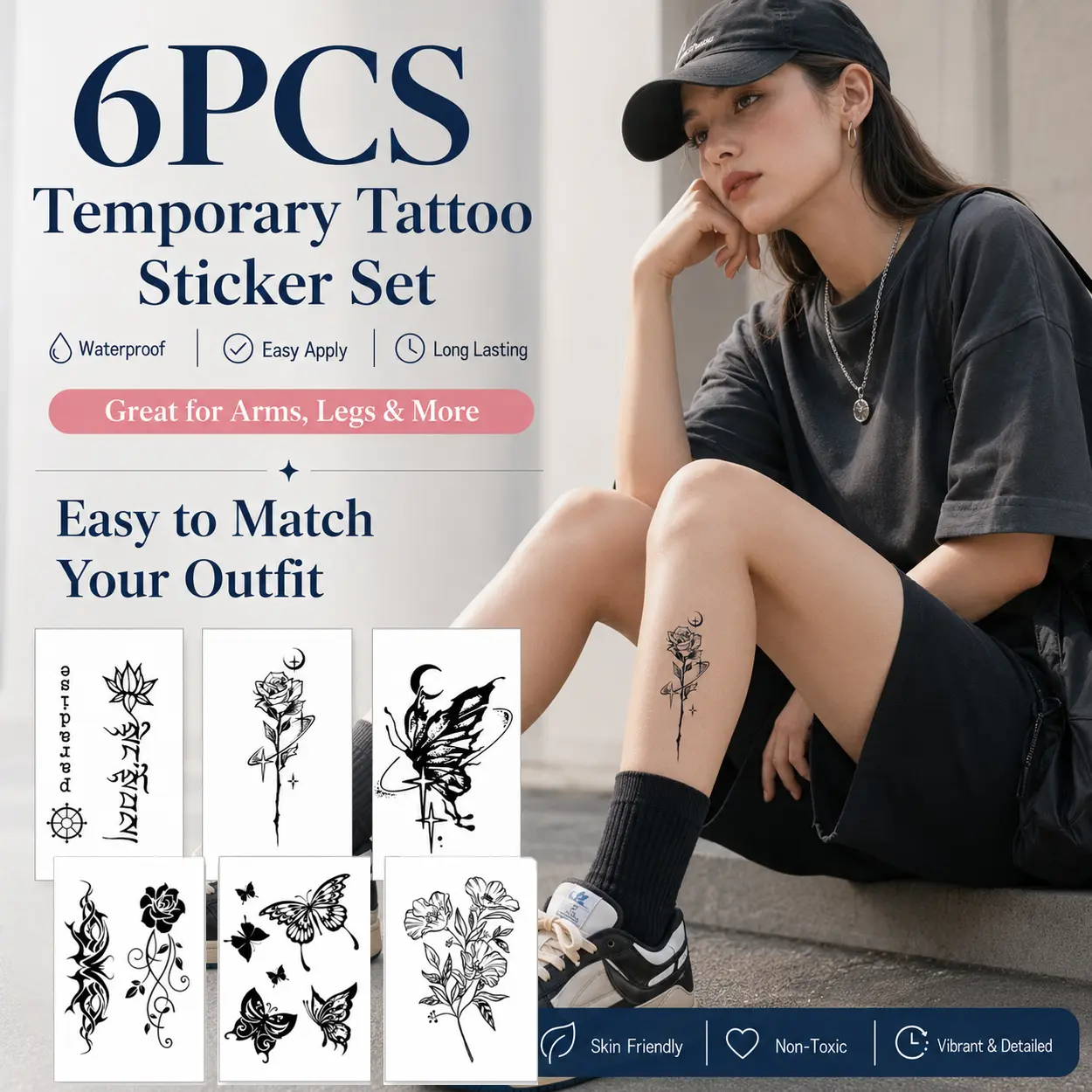 6pcs Waterproof Temporary Tattoo Stickers, Elegant Semi Permanent Look Body Art Decals with Floral Vine, Rose, Butterfly and Clavicle Designs, No Shedding Realistic Finish for Women Men, Arm, Abdomen, Back, Waist, Party, Date Night and Summer Outfit