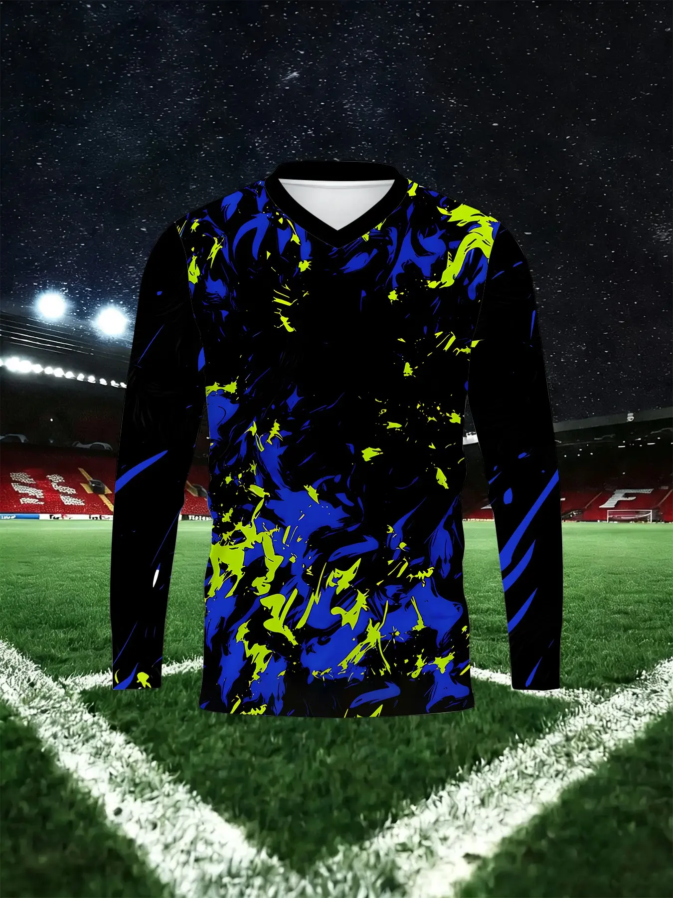 Men's football jersey, long-sleeved V-neck top, holographic print, knitted fabric, suitable for sports, training and casual wear
