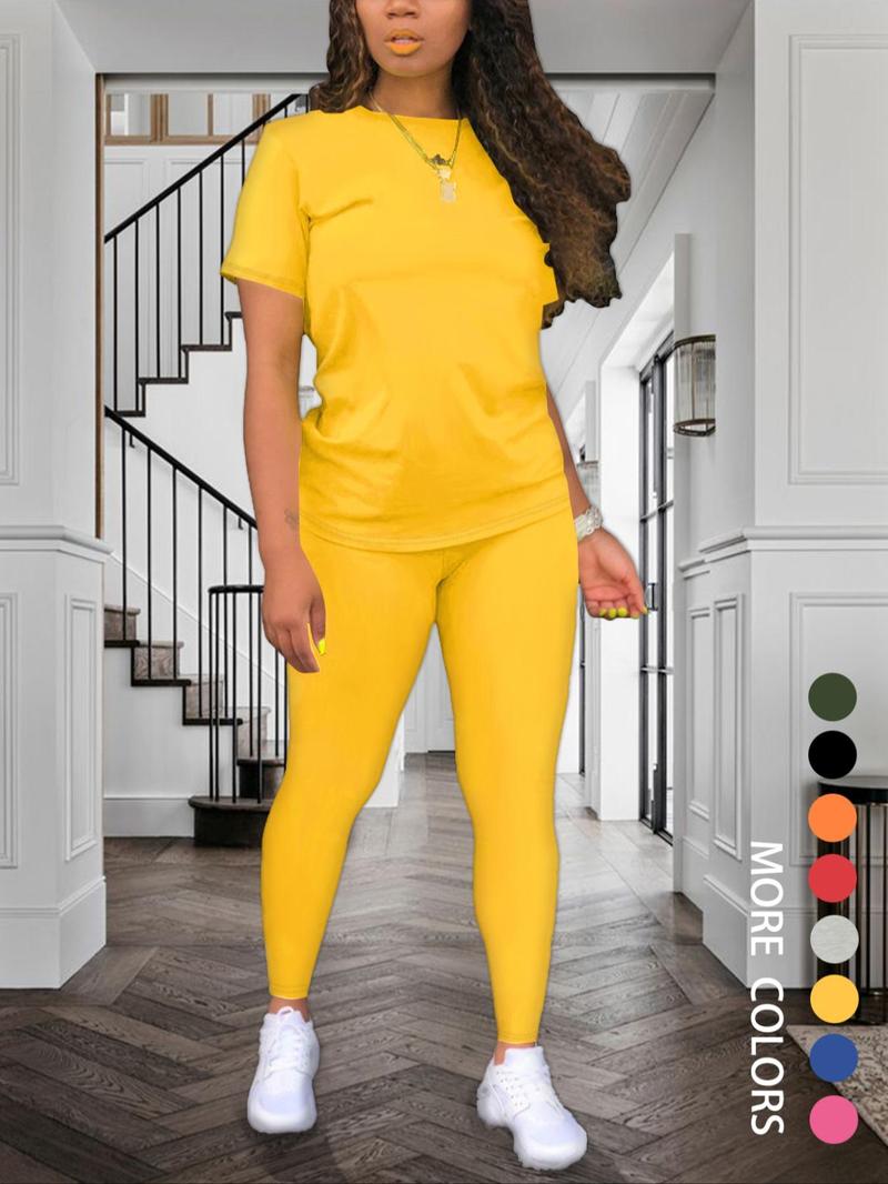 Women's Solid Color Round Neck Tee & Leggings Set, Summer Clothes, Short Sleeve T-shirt & Skinny Pants, Summer Clothes for Daily Wear
