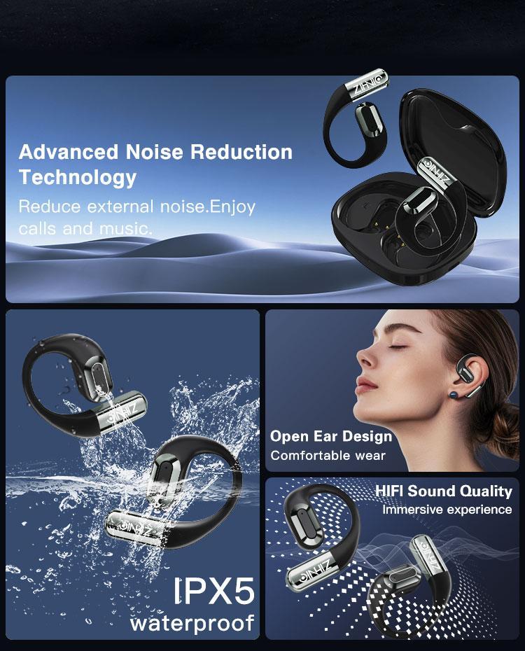 True Wireless Open Ear Earbuds Bluetooth 5.4,  ZIHNIC lPX5 Waterproof,35Hours Playtime,OWS Headphones lmmersive PremiumSound Long Distance Connection Headset withCharging Case,Light-Weight Headphones Built-inMicrophone Audio Electronic Connectivity