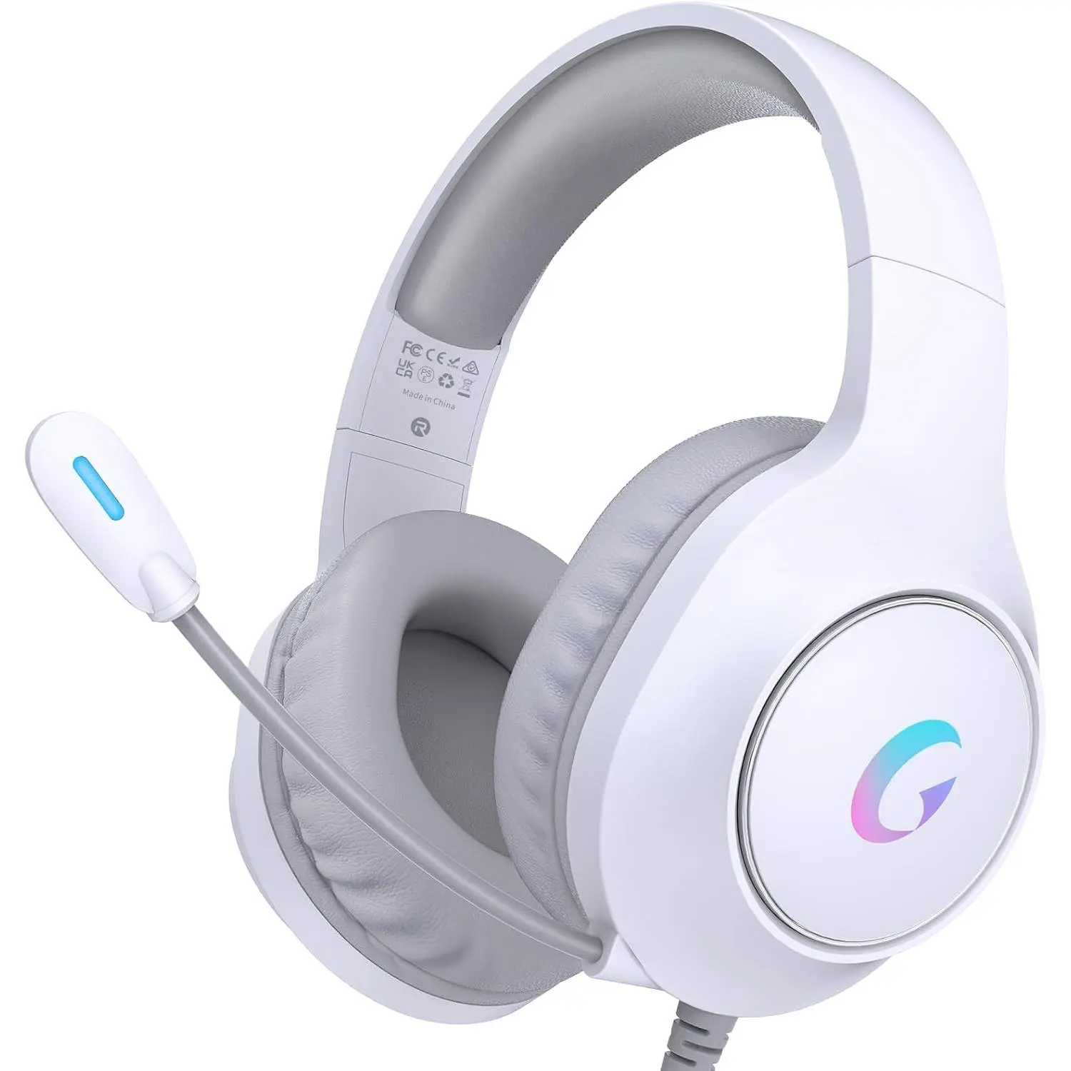CM7002 Gaming Headset for PC, PS5, Xbox Series X| S, Switch, Over-Ear Headphones with 7.1 Surround Sound, 50MM Drivers & Noise Canceling Mic, RGB Comfort Headset for Gaming, Light White
