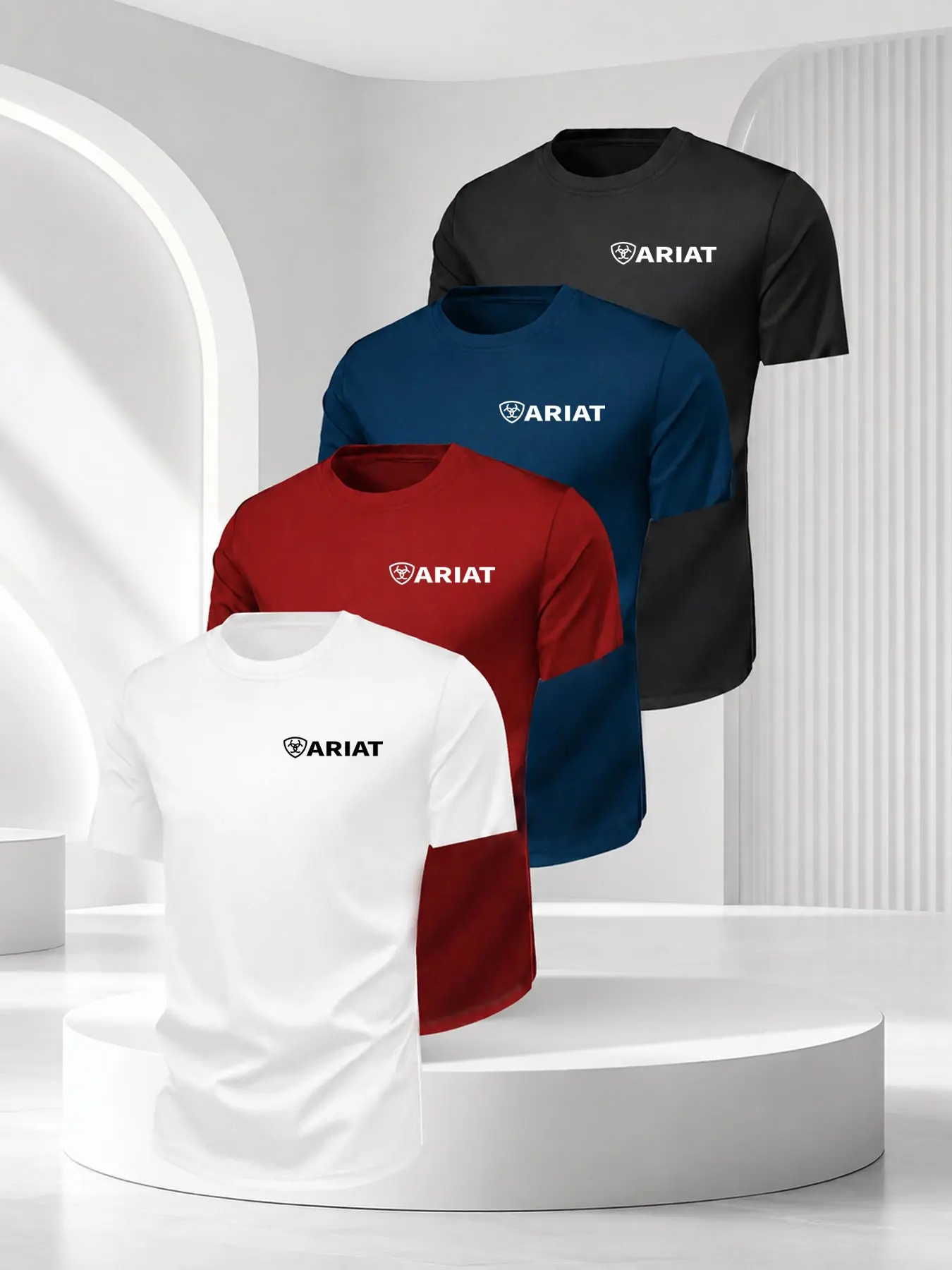 4-Pack Men's Sporty Casual T-Shirts, Running Training, Outdoor Activities, Streetwear, Vintage Shield Logo, Breathable Comfort Fabric, Unisex Style