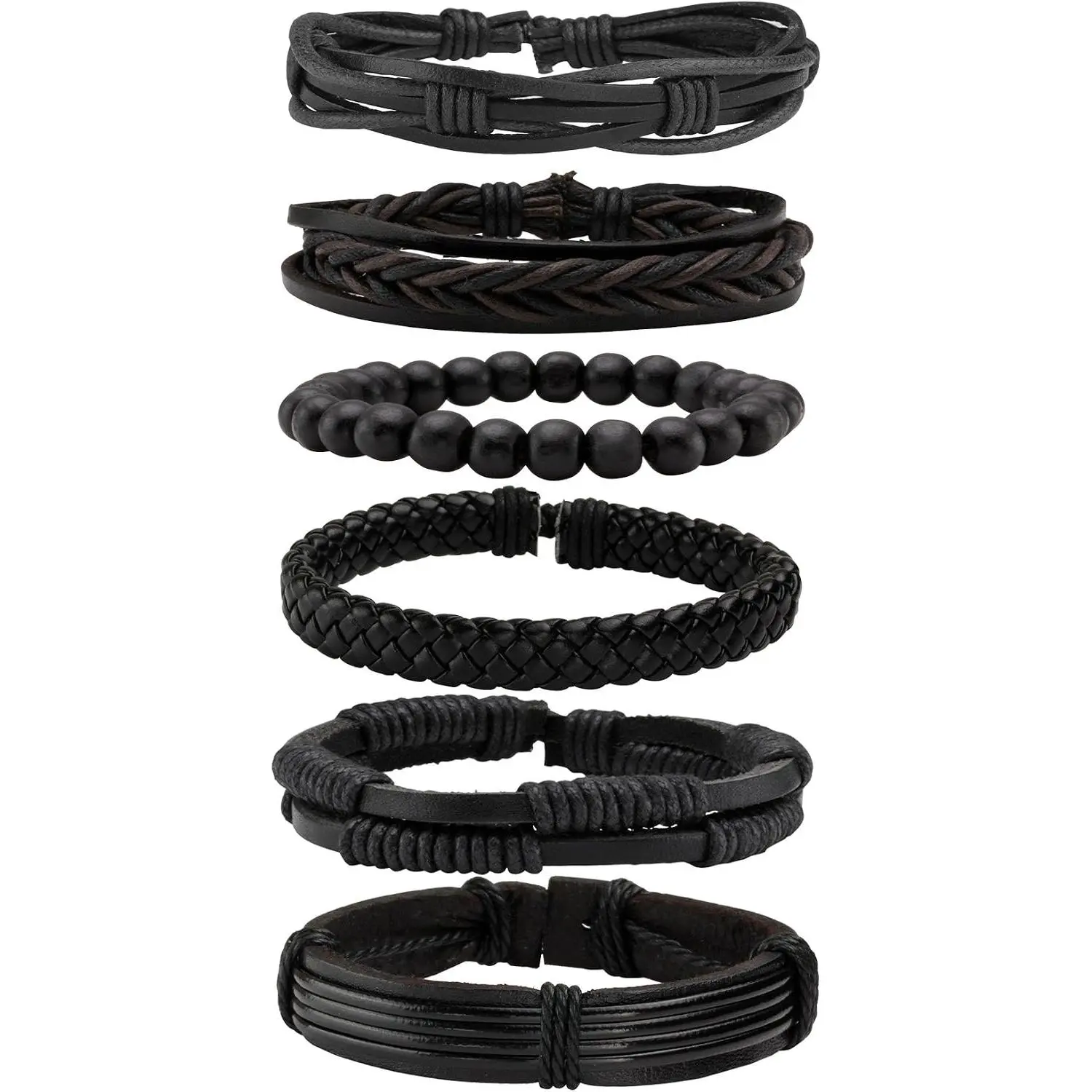 6 count Punk Braided Leather Bracelets for Men Women Cuff Wrap Wristbands Adjustable