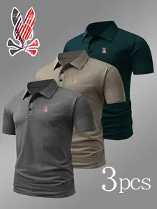 Men's Fitted Geometric Pattern Polo Shirt, Casual Unlined Plain Surface, Breathable Stretch Fabric, All Seasons Comfort