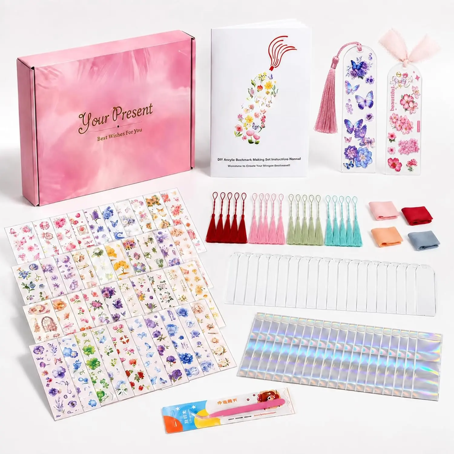 DIY Bookmark Making Kit, 20 Clear  Bookmark Blanks 5.9 x 2 in with  Floral Stickers, Tassels, Ribbons,  Bags, Craft Set for Book Lovers ( Lines)