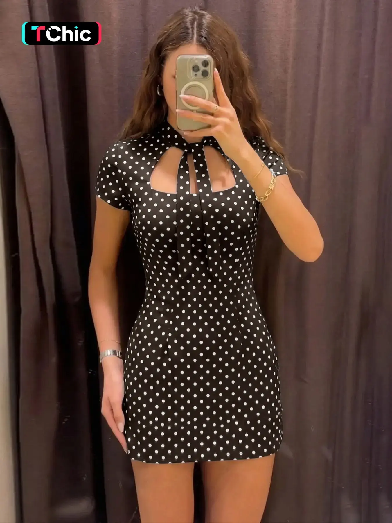 Women's Polka Dot Cut Out Tie-front Short Sleeves Bodycon Dress, Stand Collar Slim Fit Lace-up Package Hips Mini Dress, Party Club Date Holiday Daily Casual Sweet Elegant Short Dresses For Ladies All Seasons Summer Fashion Clothes Wear