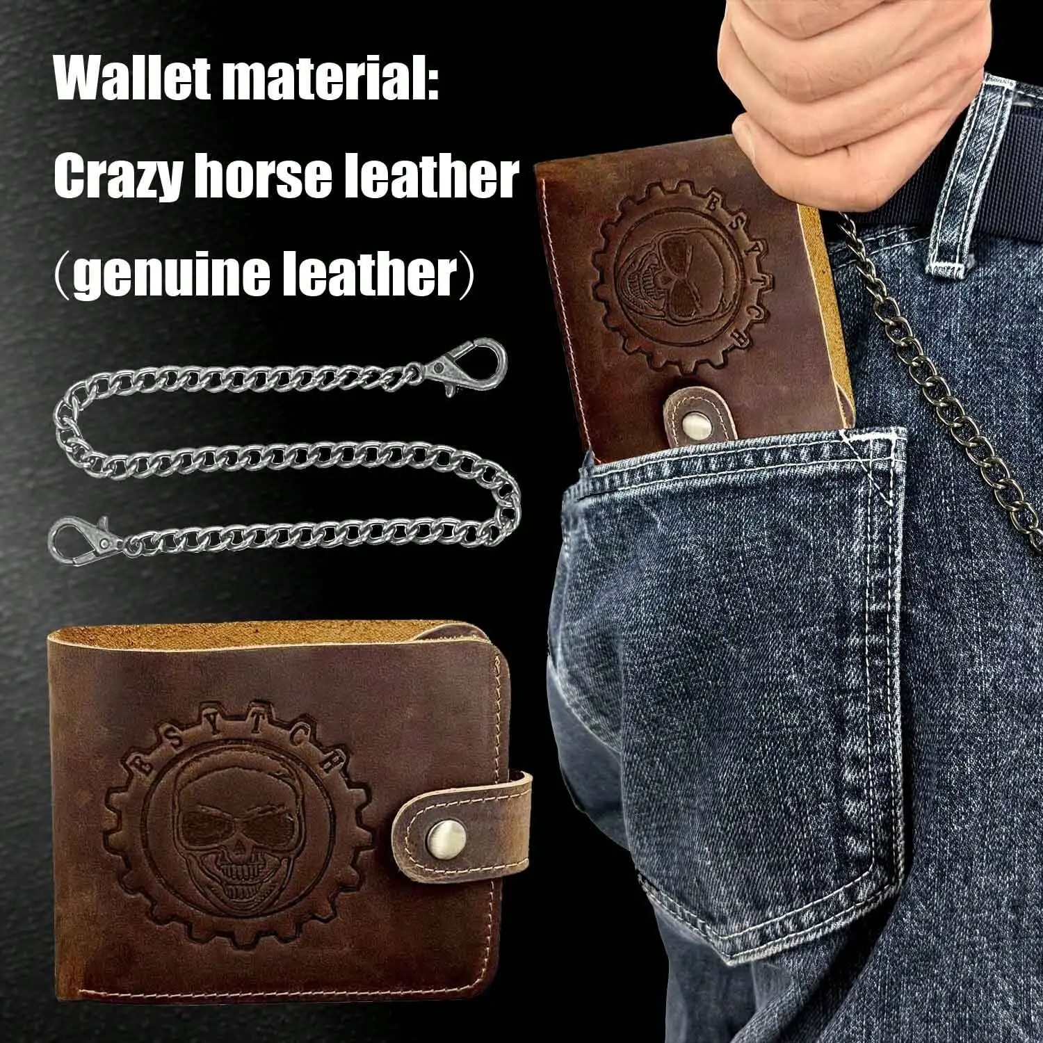 Vintage Trucker Biker Skull Genuine Leather Purse Money Wallet With Chain
