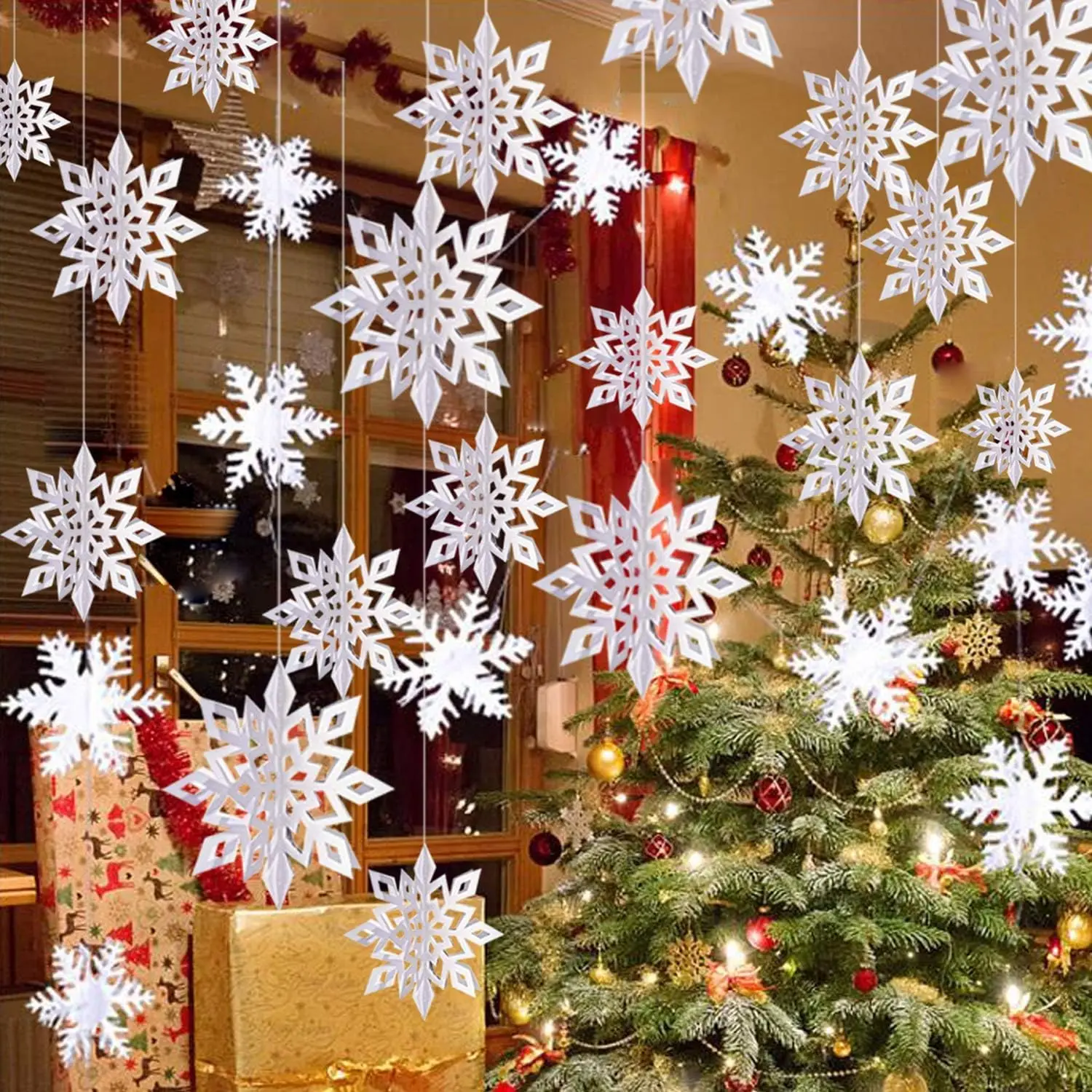 Winter Christmas  Snowflake Decorations, 12 count Snowflakes Garland & 12 count  Glittery Large White Snowflake for Christmas Winter Wonderland Holiday  Year Party  Decorations