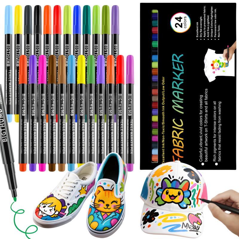 Fabric Markers Permanent For Clothes, 24 Colors Fabric Pens - Waterproof & Machine Washable, No Bleed Pens for T-Shirt, Canvas Shoes, Bags, Pillowcase, Fine Tip Clothing Markers for Laundry Marker, Drawing Markers