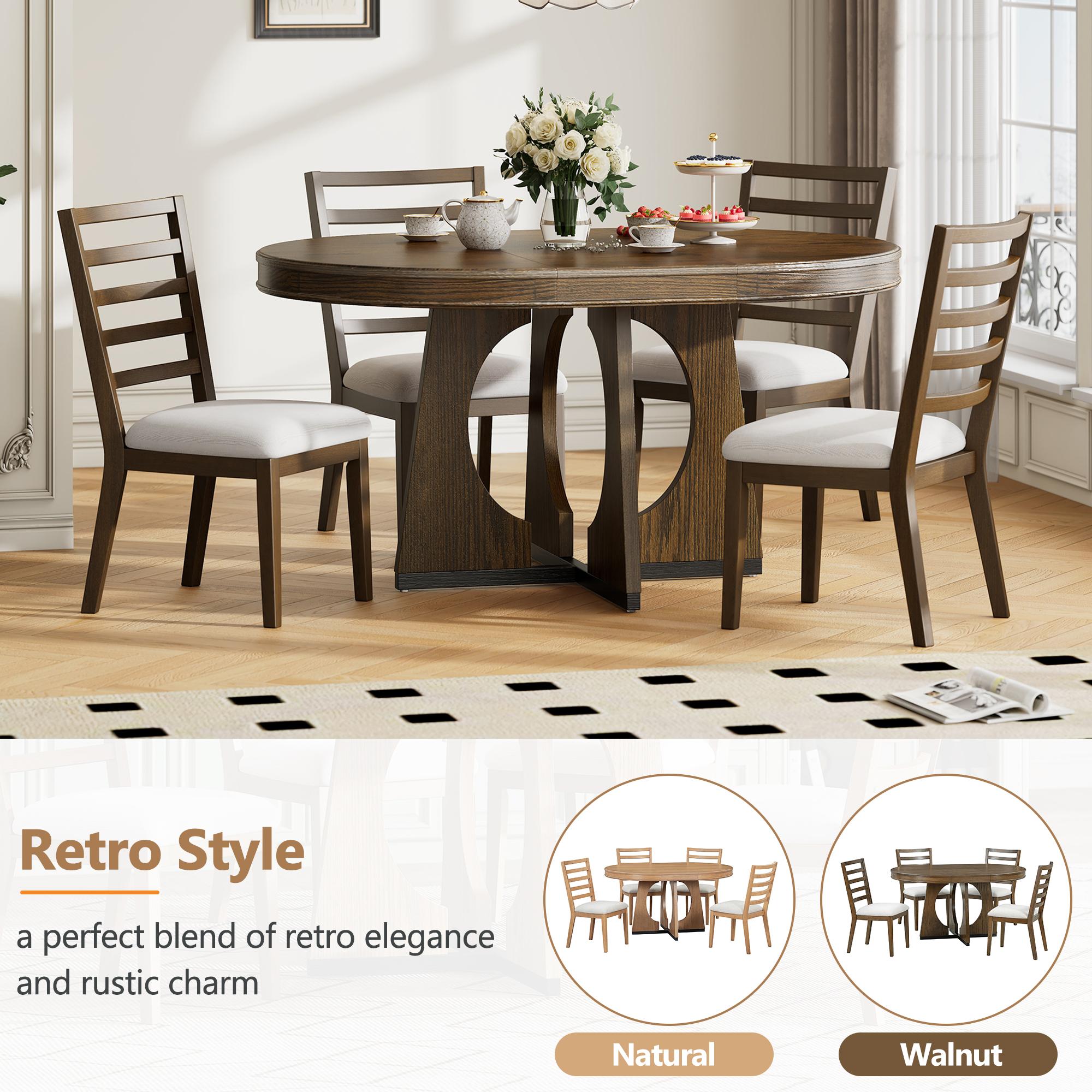 ARCH TREXM Round Dining Table for 4 with Chairs Set, Extendable Dining Table Set with 16" Removable Middle Leaf, 5 Piece Retro Dining Table Set Unique Geometric Design for Kitchen, Dining Room (Walnut) ARCH TREXM Round Dining Table for 4 with Chairs Set, Extendable Dining Table Set with 16" Removable Middle Leaf, 5 Piece Retro Dining Table Set Unique Geometric Design for Kitchen, Dining Room (Walnut)