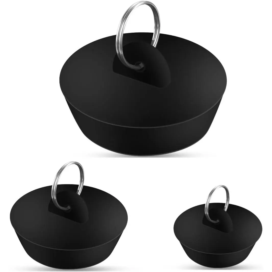 3 count Drain Stopper Tub Stopper for Kitchen Bathroom Bar Rubber Bathtub Sink Plug Water Stopper Seal with  Pull Ring Bath Tub Plugs Set Laundry Sink Stoppers Shower Faucet Cover (Black)