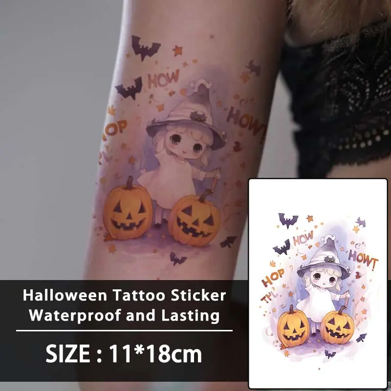 Halloween Cute Witch Pumpkin Temporary Tattoo Stickers, Waterproof Long-Lasting, Fake Tattoos for Face, Arm, Leg, Chest, Neck, Back