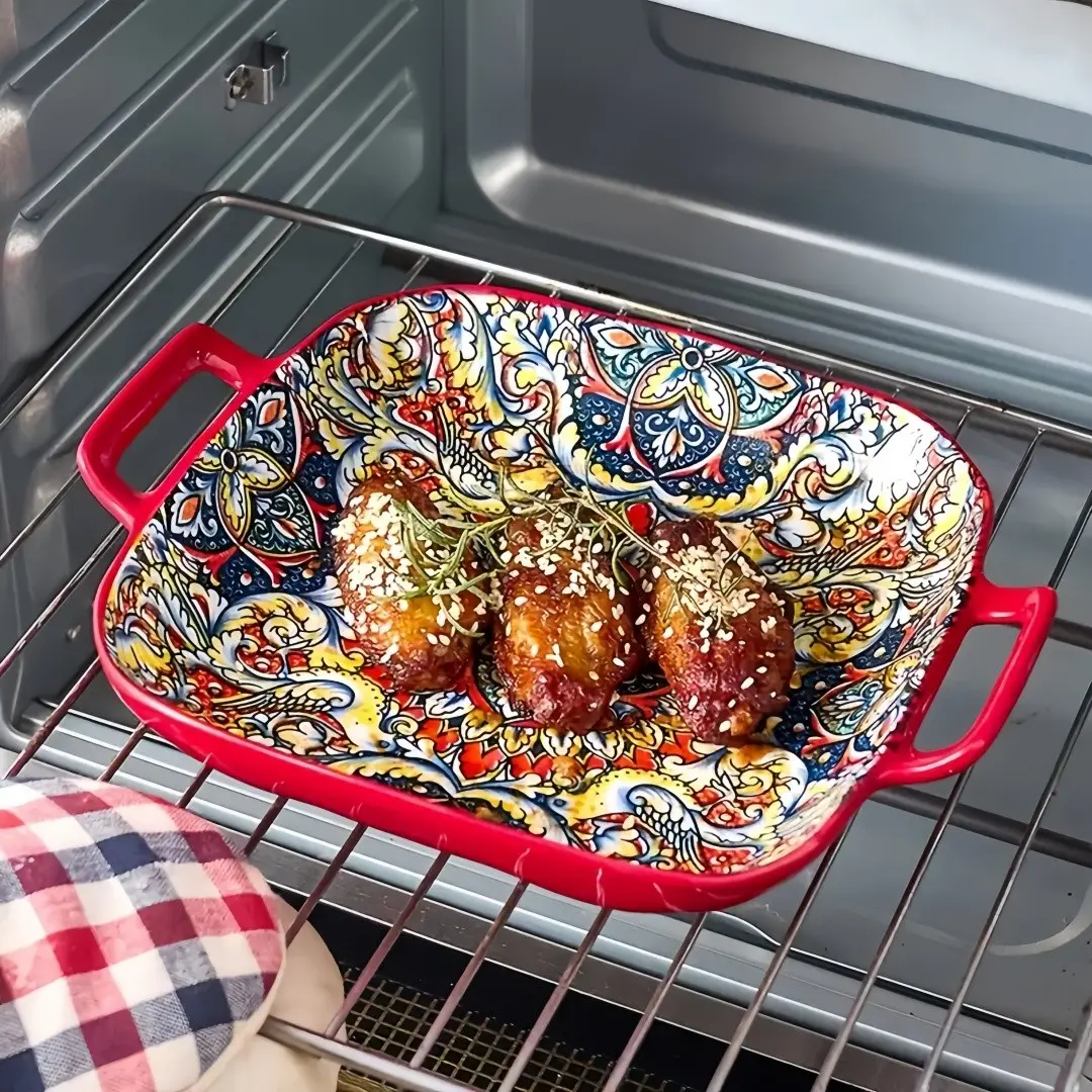 2pcs Bohemian Style Ceramic Salad Plates with Handles, Vibrant Floral and Geometric Patterns, Oven and Microwave Safe, Perfect for Baking