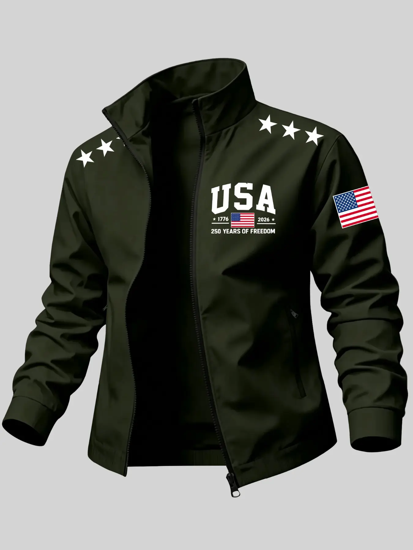 Men's Stand Collar Full Zip Jacket, Patriotic Windproof Athletic Outerwear With American Liberty Anniversary Star Prints On Chest, Shoulder & Sleeves, Ideal For Holiday, Street, Daily & Outdoor Casual Outfits