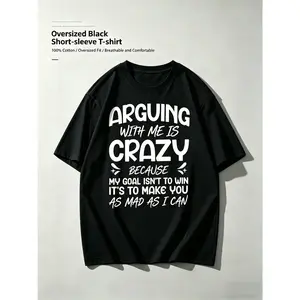 Menswear Stretch Short-Sleeve T-Shirt, High-Quality Heavy Oversized Fit, Soft Breathable Structured Stylish Non-Collapse, Humorous "Arguing with Me Is Pointless I Knew I Was Wrong" Print, Round Neck Casual T-Shirt for Gym, Knit Fabric