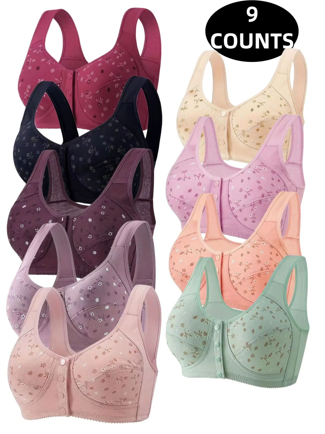9-Pack Floral Push-Up Bras, Wireless Full Coverage, Comfortable Breathable, Front Buckle Design, Elderly Friendly, All Seasons