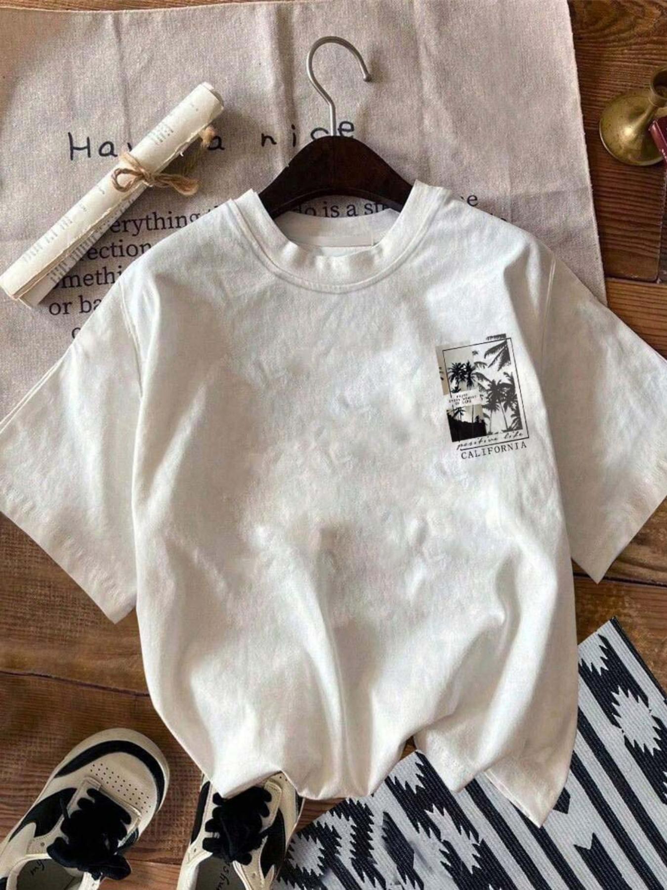 Women's Letter & Tree Print Round Neck Tee, Fashion Casual Short Sleeve T-shirt for Daily Wear, Ladies Summer Clothes