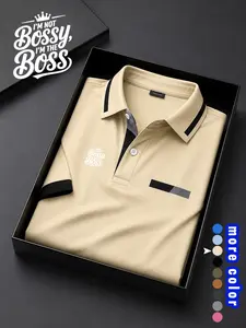 New Men's Casual Polo Shirt, Chest Pockets, Boss Print Collar Button Business Short Sleeve Tee, Comfortable Breathable Fabric, Ideal for Leisure, Vacation, Sports