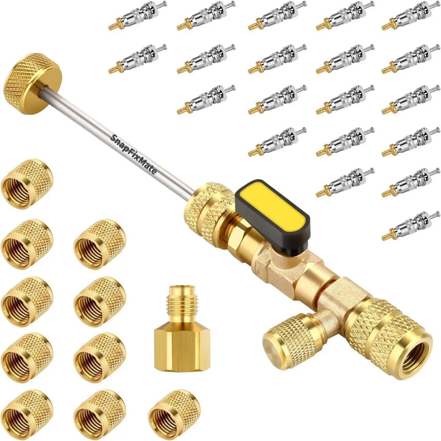 PLUS AC Valve Core Remover Installer Tool with Dual Size SAE 1/4 & 5/16 Port, 20 PCS Valve Cores with Teflon Seal and 10 PCS Brass Nuts, Compatible with R22 R12 R407 R410 R404 R32 R600 A/C,TikTokShopBlackFriday Quick Replacement Disassembly Tools