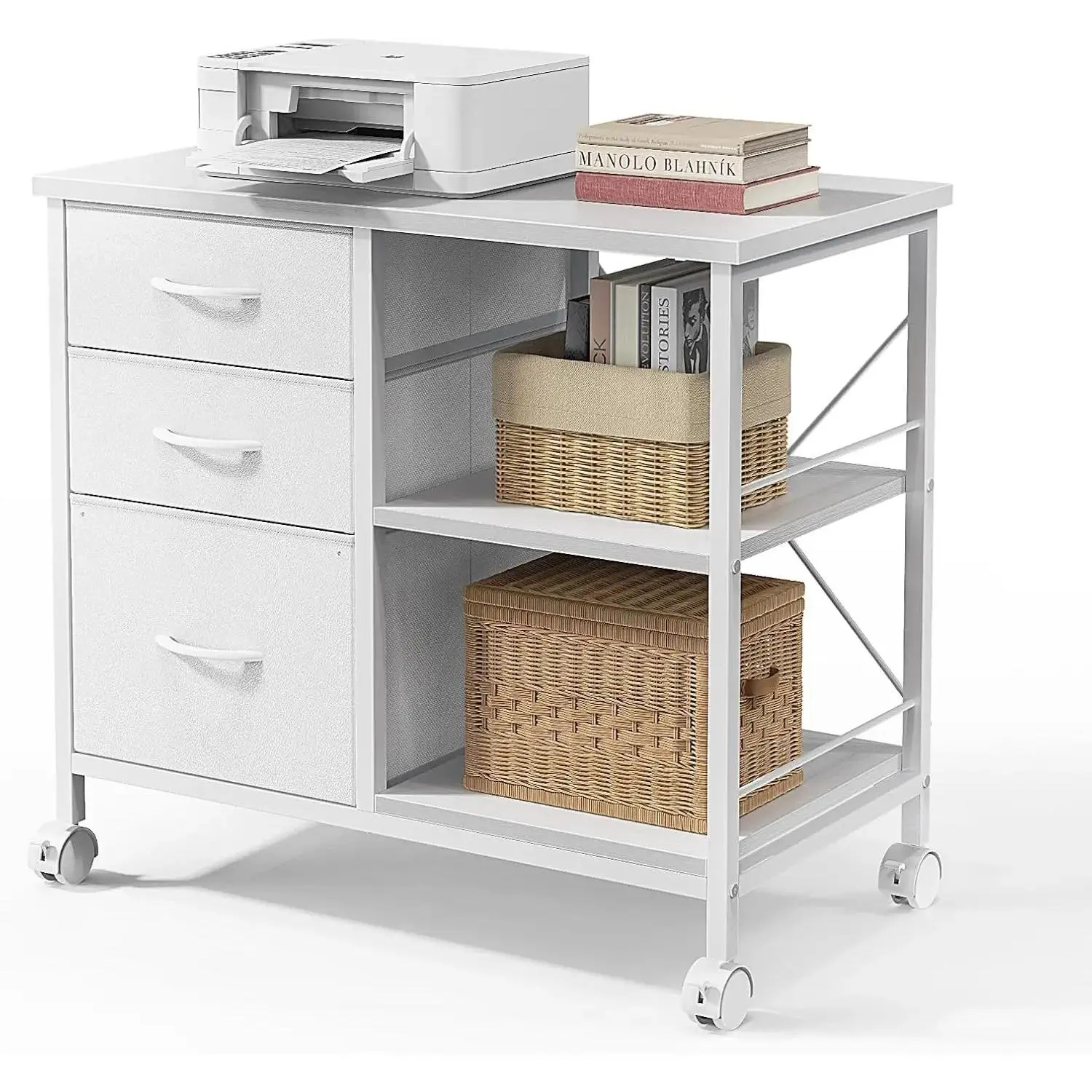 3-Tier Printer Stand with Storage & Mobile File Cabinet - Heavy-Duty Office Cart with Drawers, Back Support Bar & Lockable Wheels, Holds 110lbs for Home Office