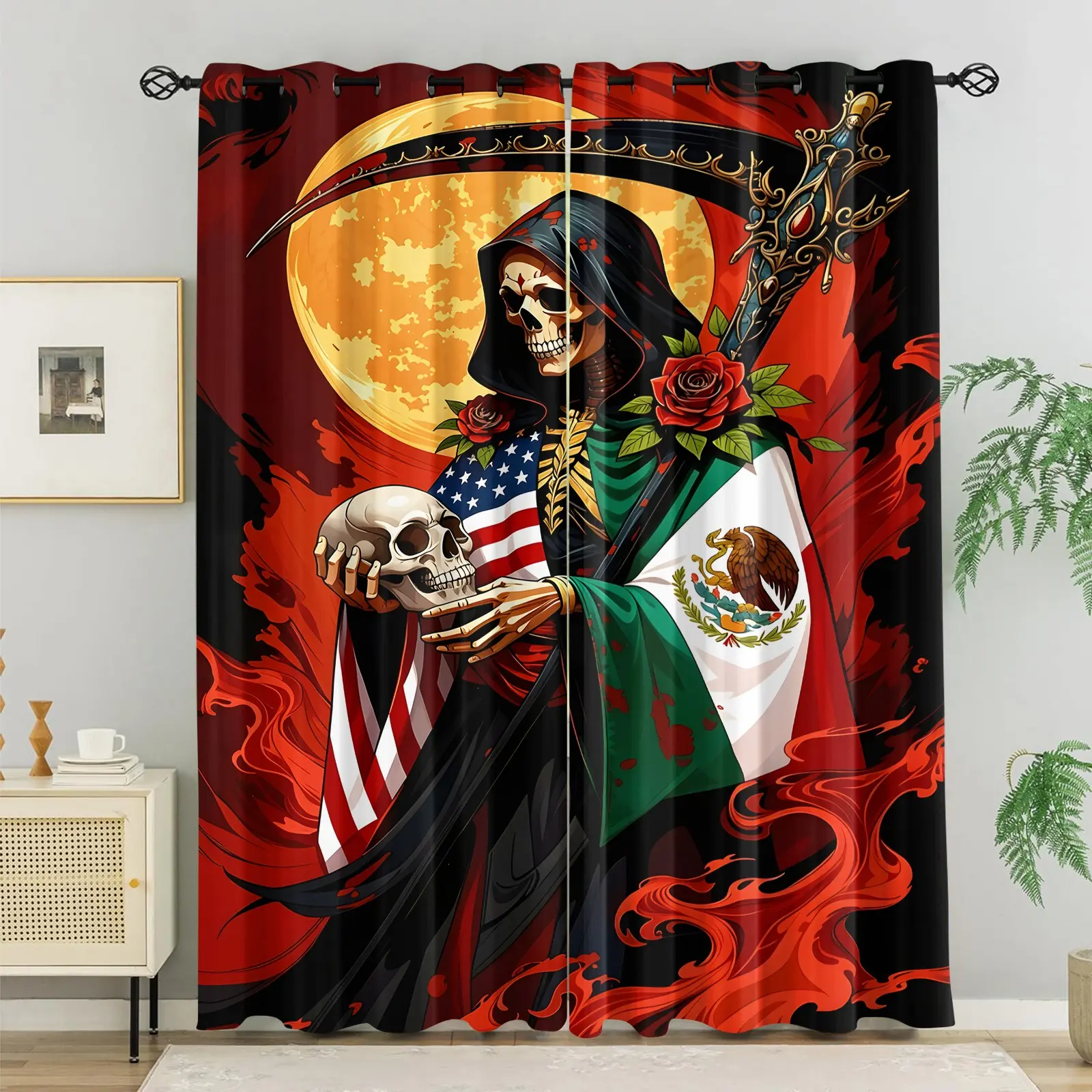 2 Panels Chicano Gothic Skeleton Blackout Curtains, Blackout Bedroom Curtains, Room Darkening Red Flame Rose Design, Grommet Top with Metal Rings, Washable Fabric, Light Blocking Drapes for Game Room Apartment Decor, Dia De Los Muertos Fan Gift