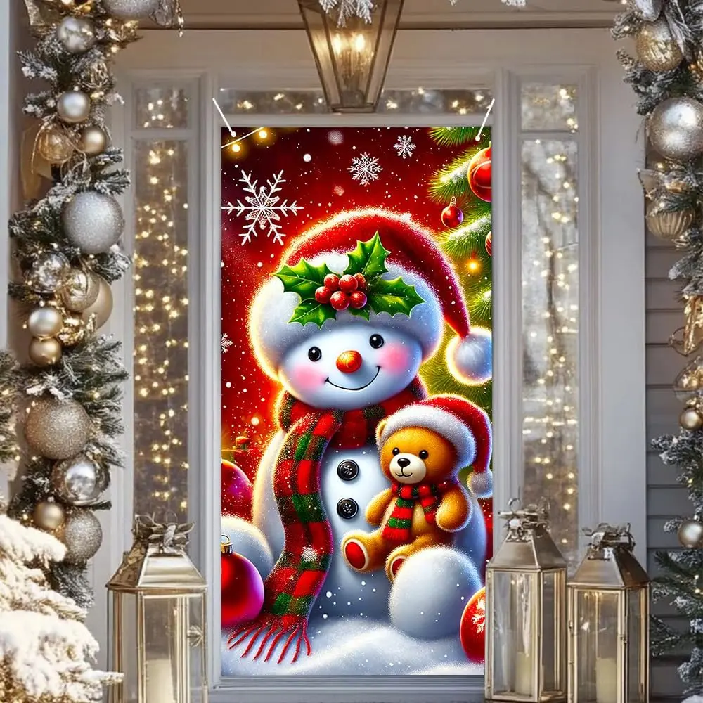2D Flat 71x35 Inch Christmas Door Cover with Snowman and Teddy  Red Background Holiday Front Door Decoration Indoor Outdoor Entryway Wall Banner  Winter Porch Decor