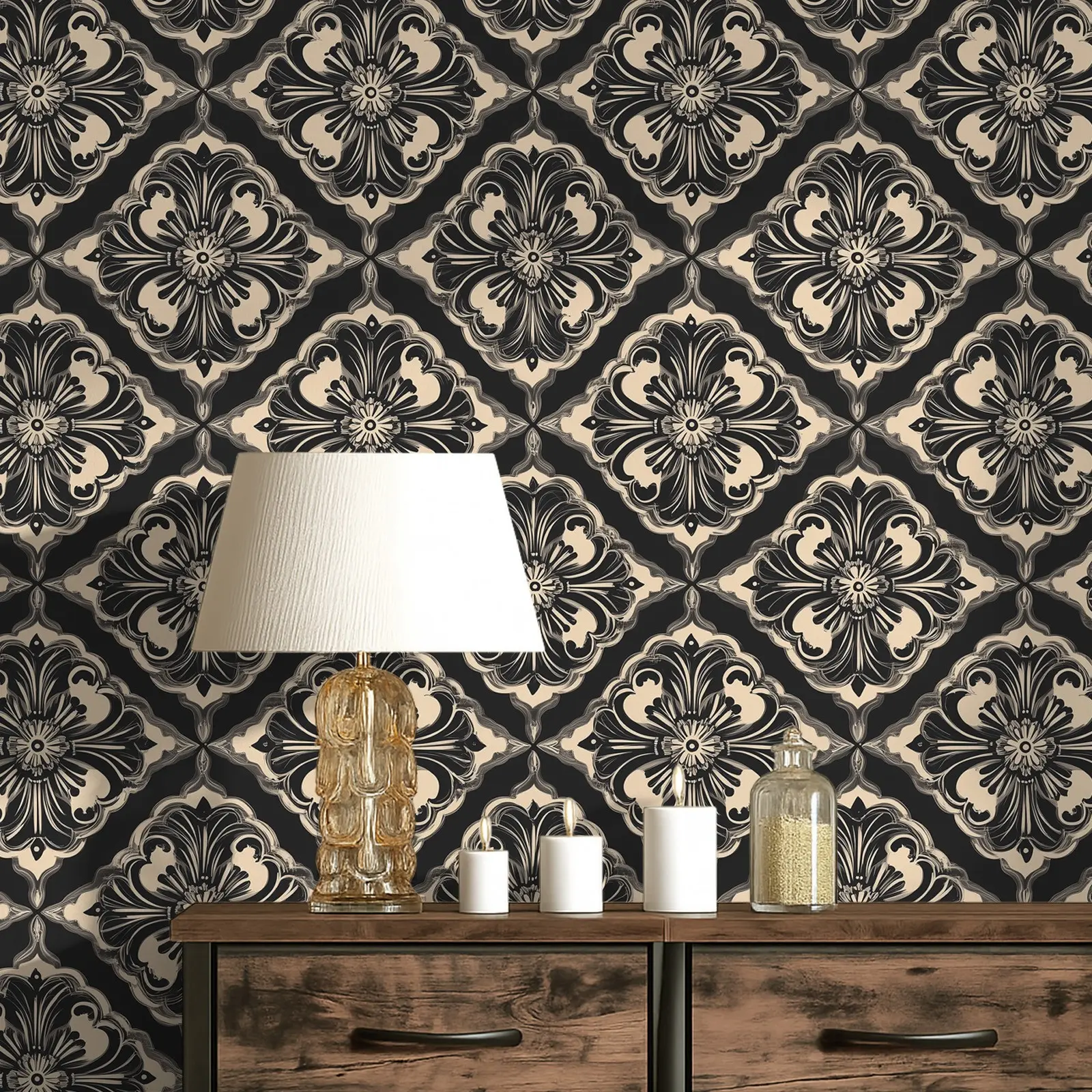 Diamond Damask Floral Self-Adhesive Wallpaper, Classic European PVC Cuttable Wall Stickers, 44x300/500/1000cm Removable Decorative Peel & Stick