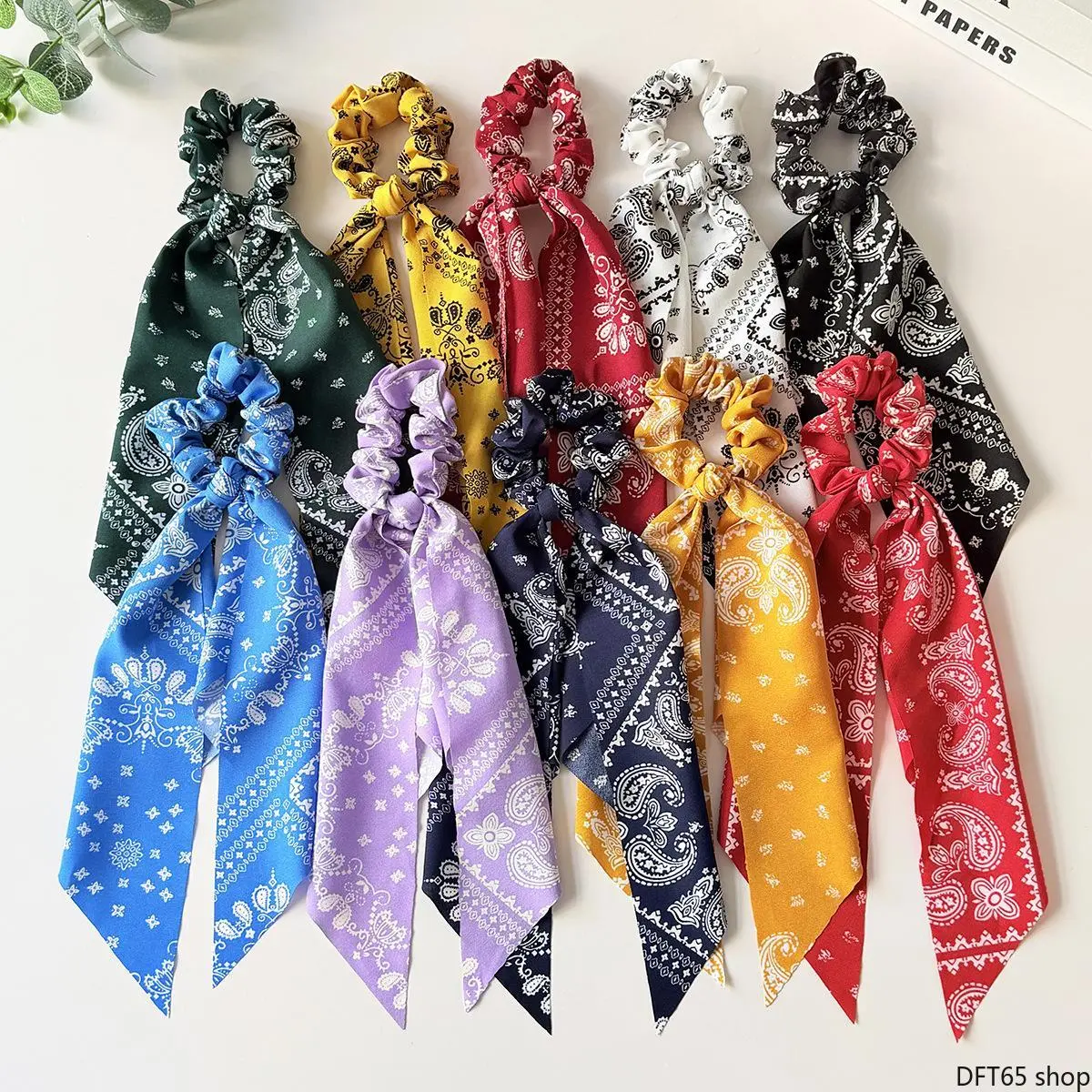 Paisley Scarf Hair Scrunchie for Women, Vintage Style Synthetic Cloth Ponytail Holder with a Long Decorative Bow Ribbon, Fabric, Daily Wear