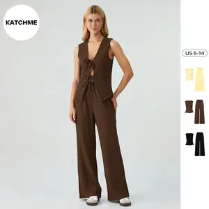 KatchMe Women's Minimalist Solid Color Front Tie Textured Tank Top & Wide Leg Trousers Co-ord (2), Breezy Two Piece Outfits, Comfortable Going Out Set