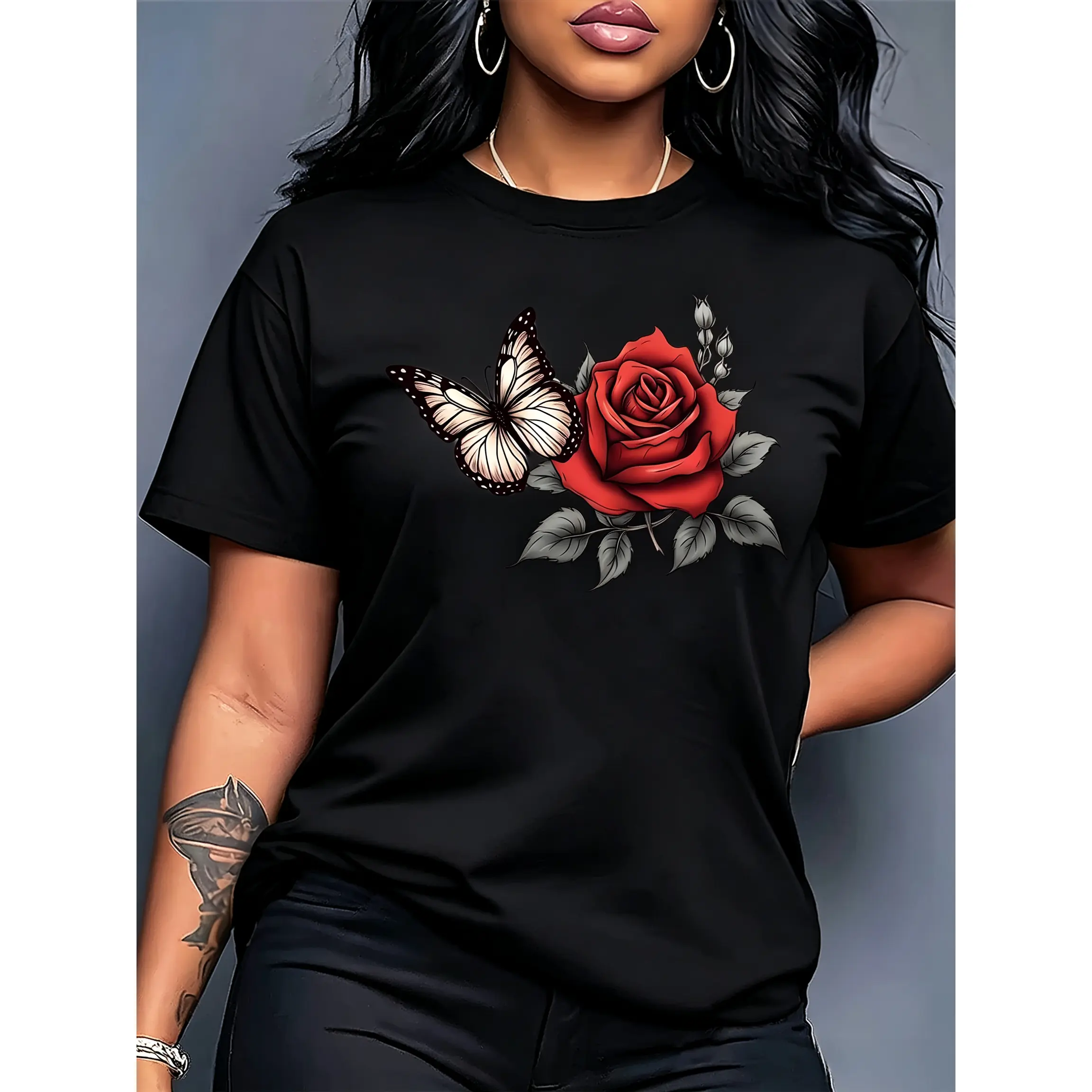 100% cotton printed fabric women's short-sleeve top with red rose and butterfly print, round neck, machine washable, comfortable, soft, breathable, suitable for spring, summer, and autumn. Loose, casual, trendy, fashionable, suitable for daily wear,Muppet