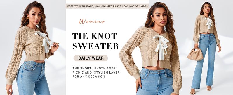 Saodimallsu Womens Cropped Cable Knit Cardigan Sweaters Long Sleeve Bow Tie Front Crew Neck Chunky Sweater Tops