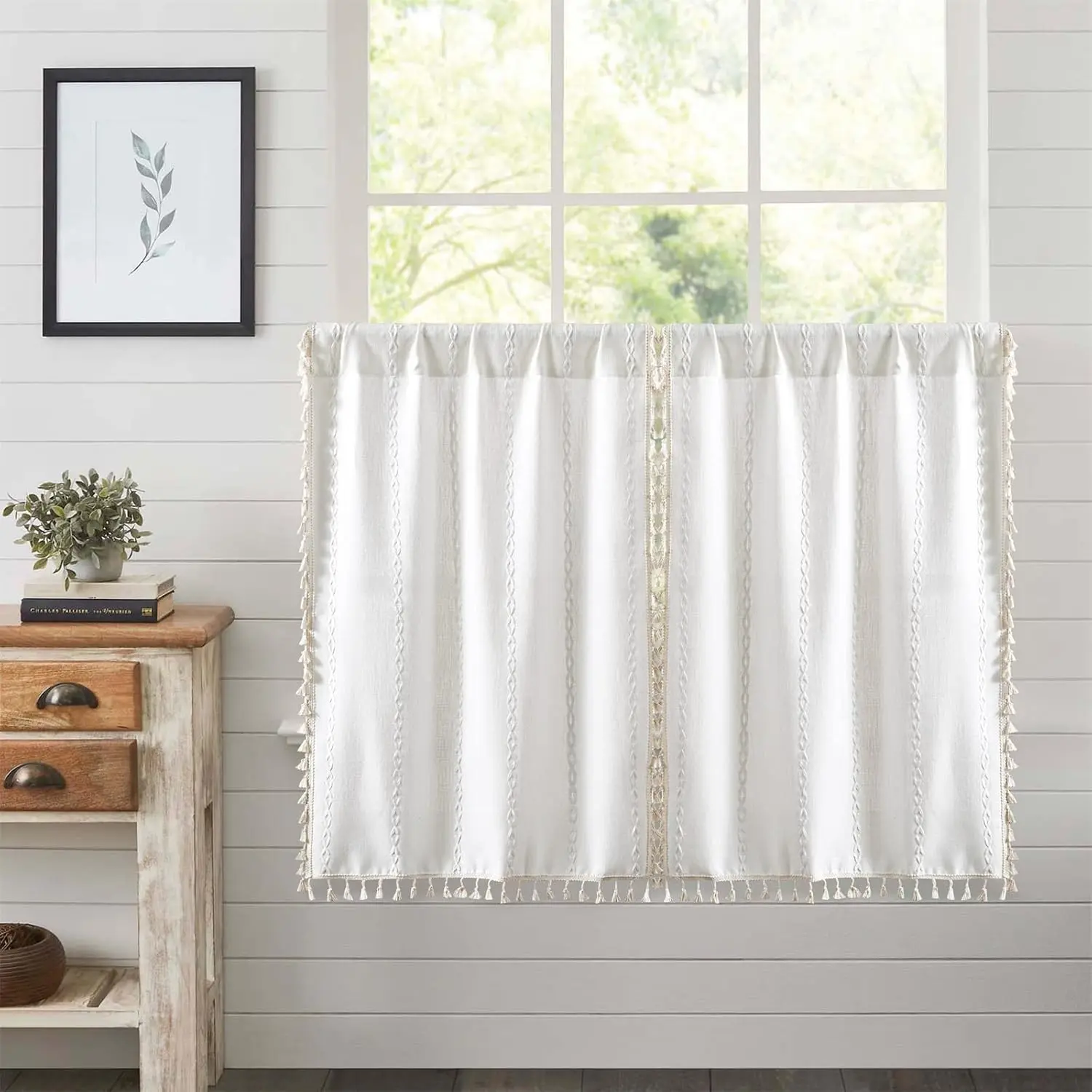 36 in Length White Boho Farmhouse Fabric Curtains - French Striped, Modern Vintage Chic, Textured Tassels Short Cafe Curtains for Small Windows, Kitchen Decor, Bathroom Use