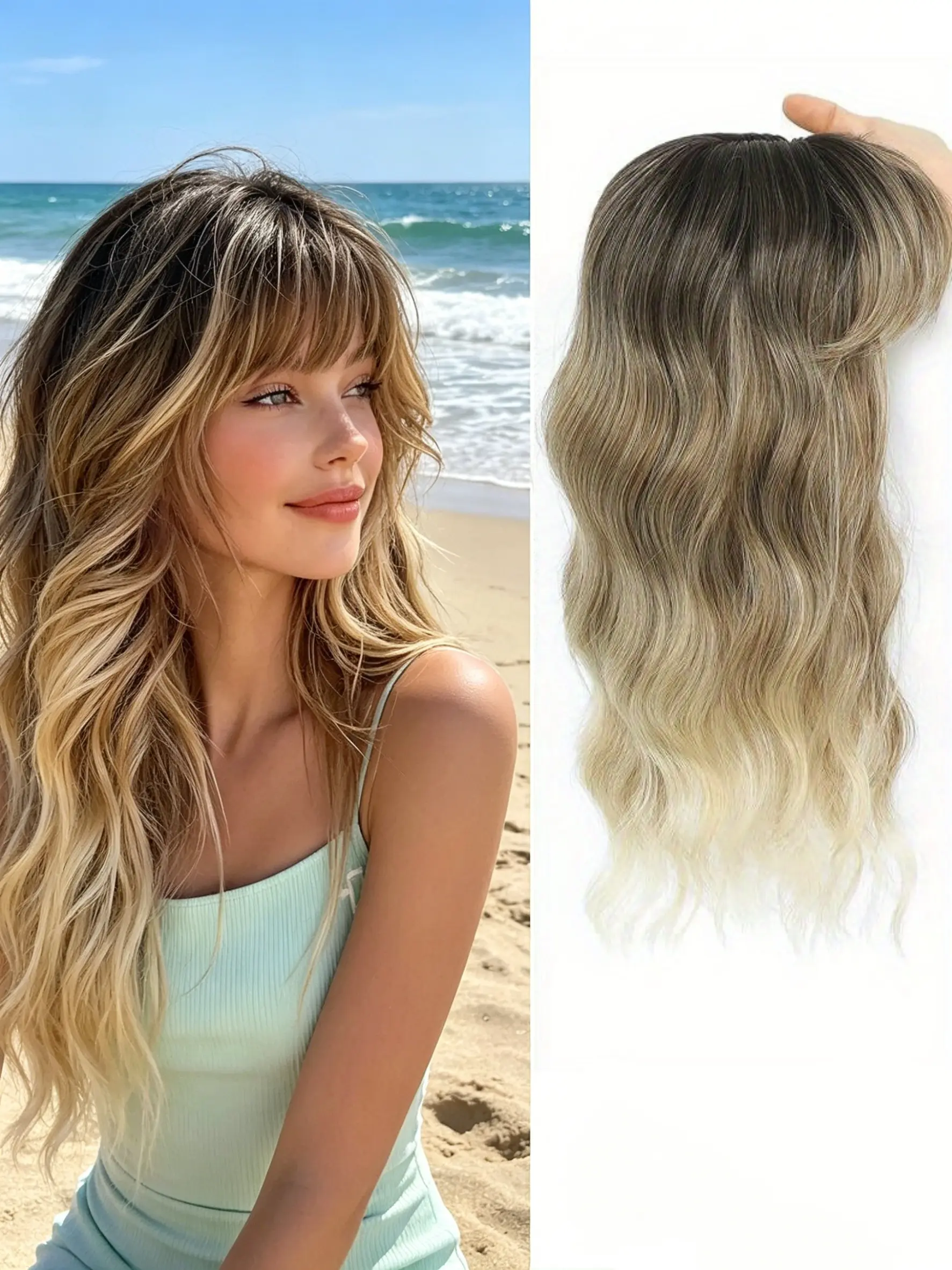 💖Ombre Blonde Wavy Hair Topper with Bangs - Synthetic Wig, Realistic Texture, All-Day Hold & Easy Clips, Ideal for Everyday & Special Events