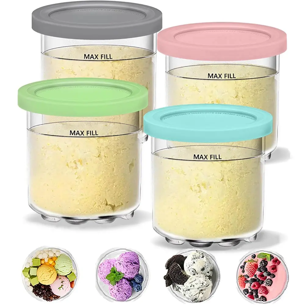 Four-Piece Creami Ice Cream Cups and Lids, Compatible with Nc299amz and Nc300 Series, Reusable Ice Cream Containers, Blender Accessories